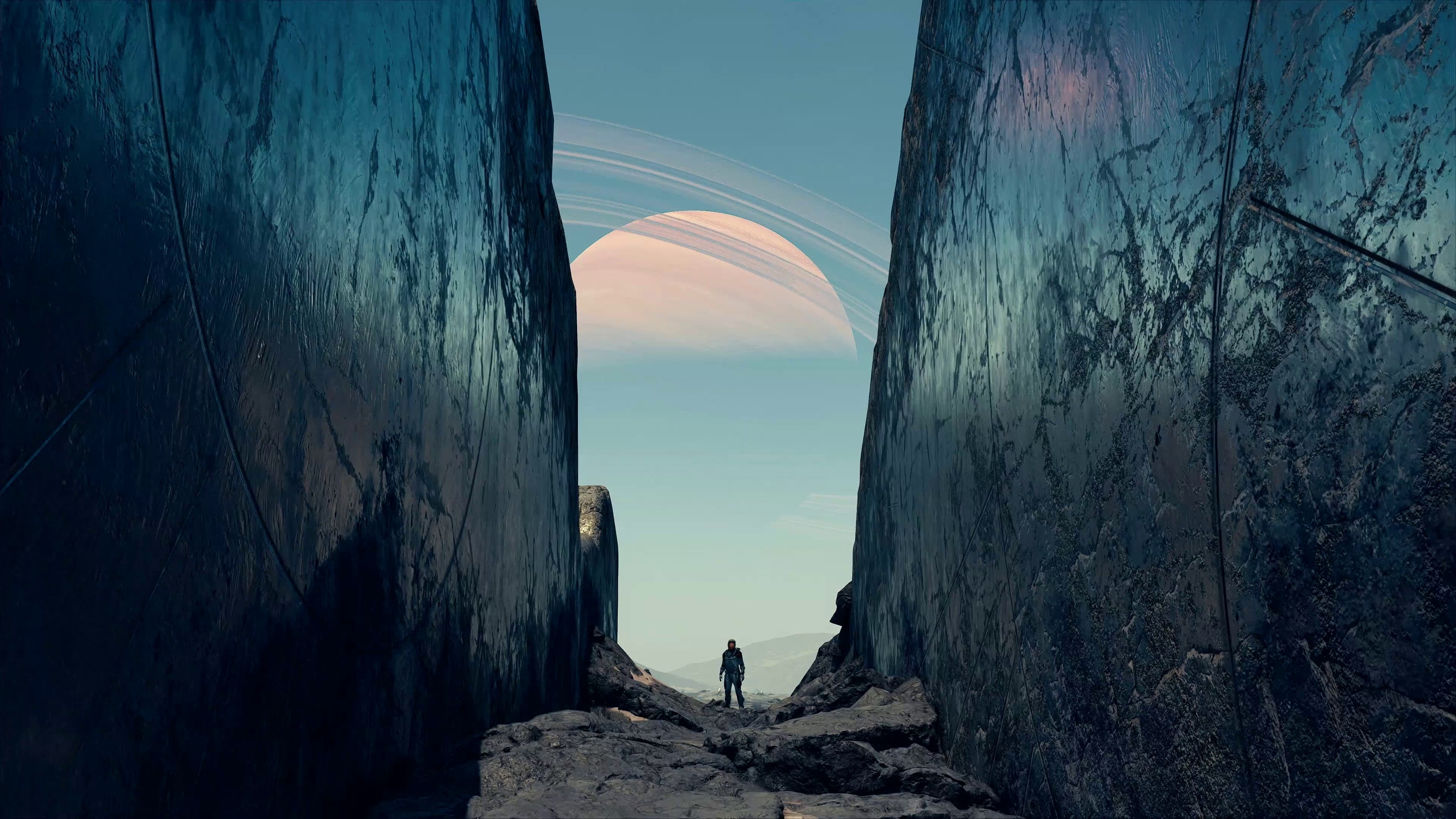 4K Starfield: Astronaut standing before Saturn HD Wallpaper