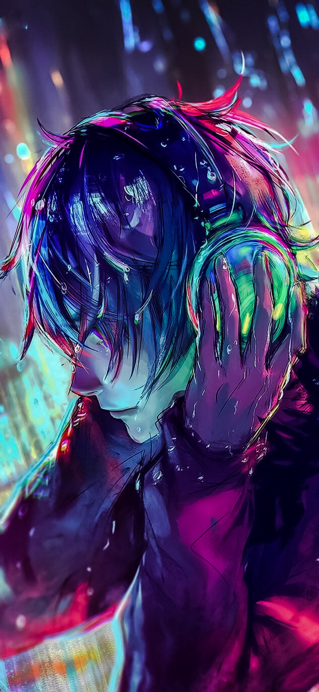Anime character with headphones in the rain HD Phone Wallpaper