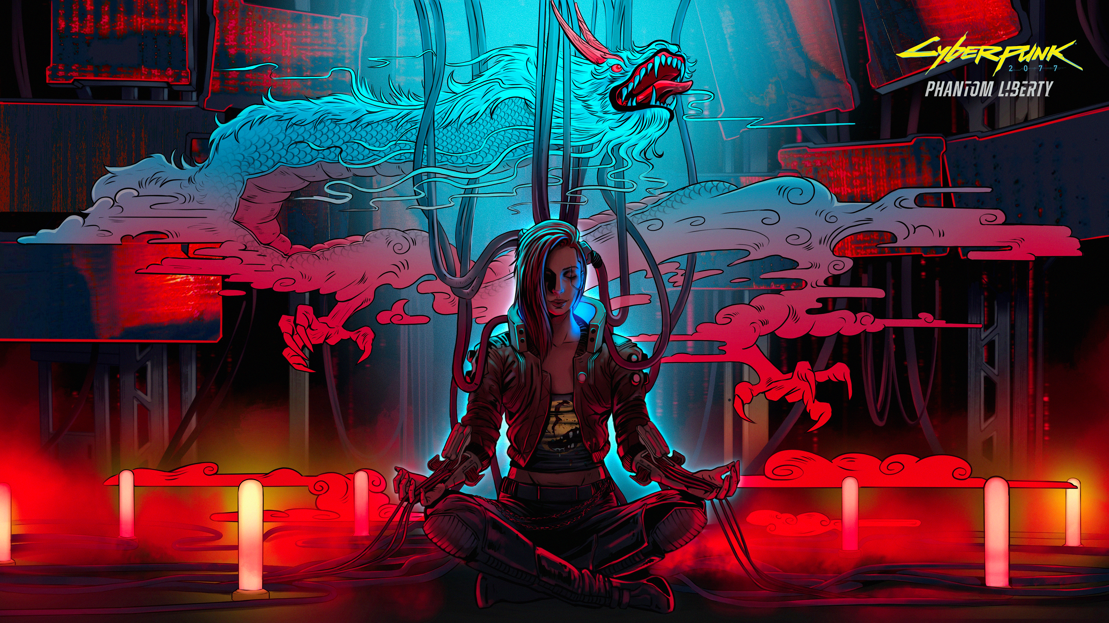 Cyberpunk 2077 Phantom Liberty: Woman Meditating with Dragon HD Wallpaper