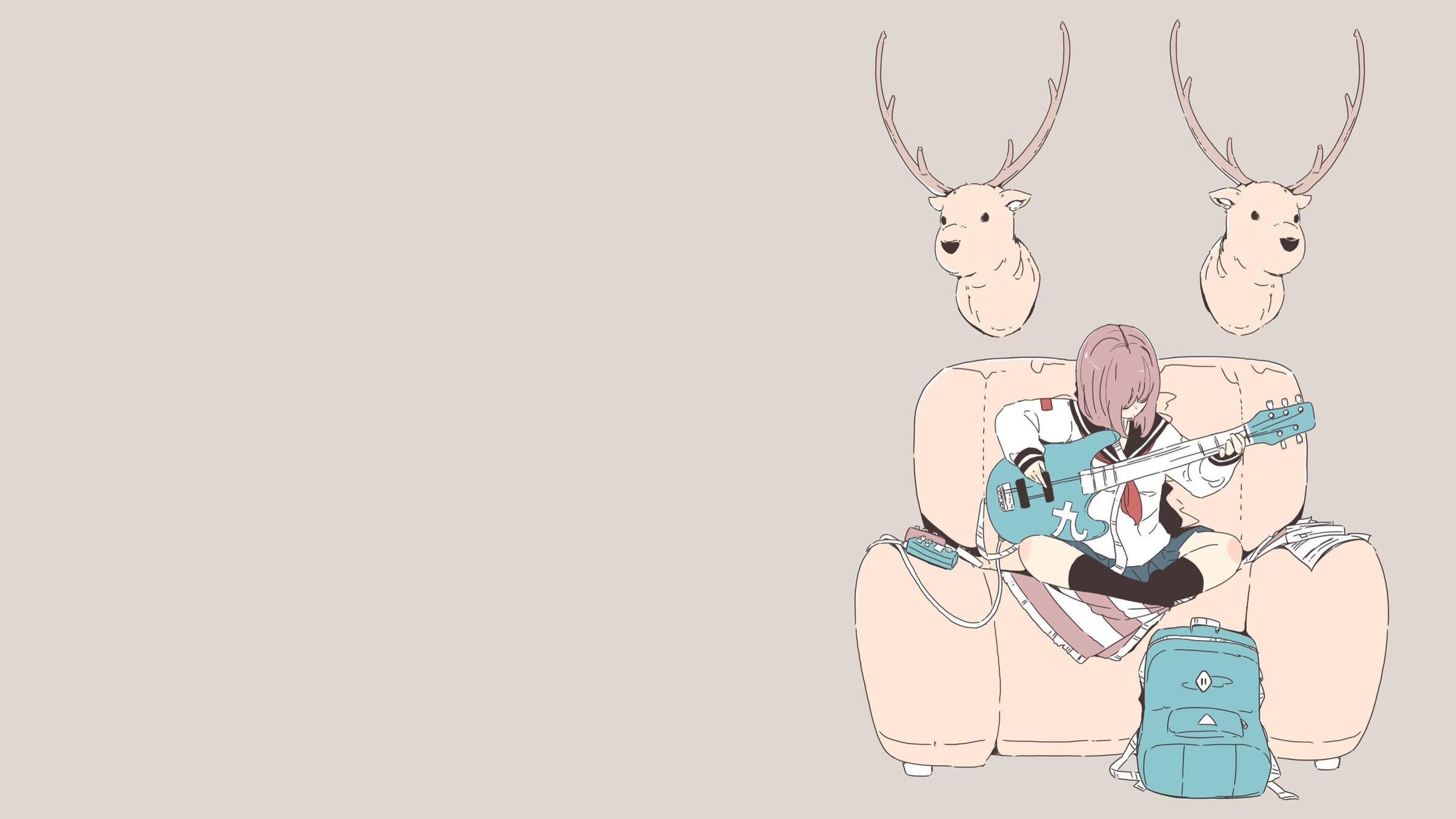 Schoolgirl playing guitar with deer heads HD Wallpaper