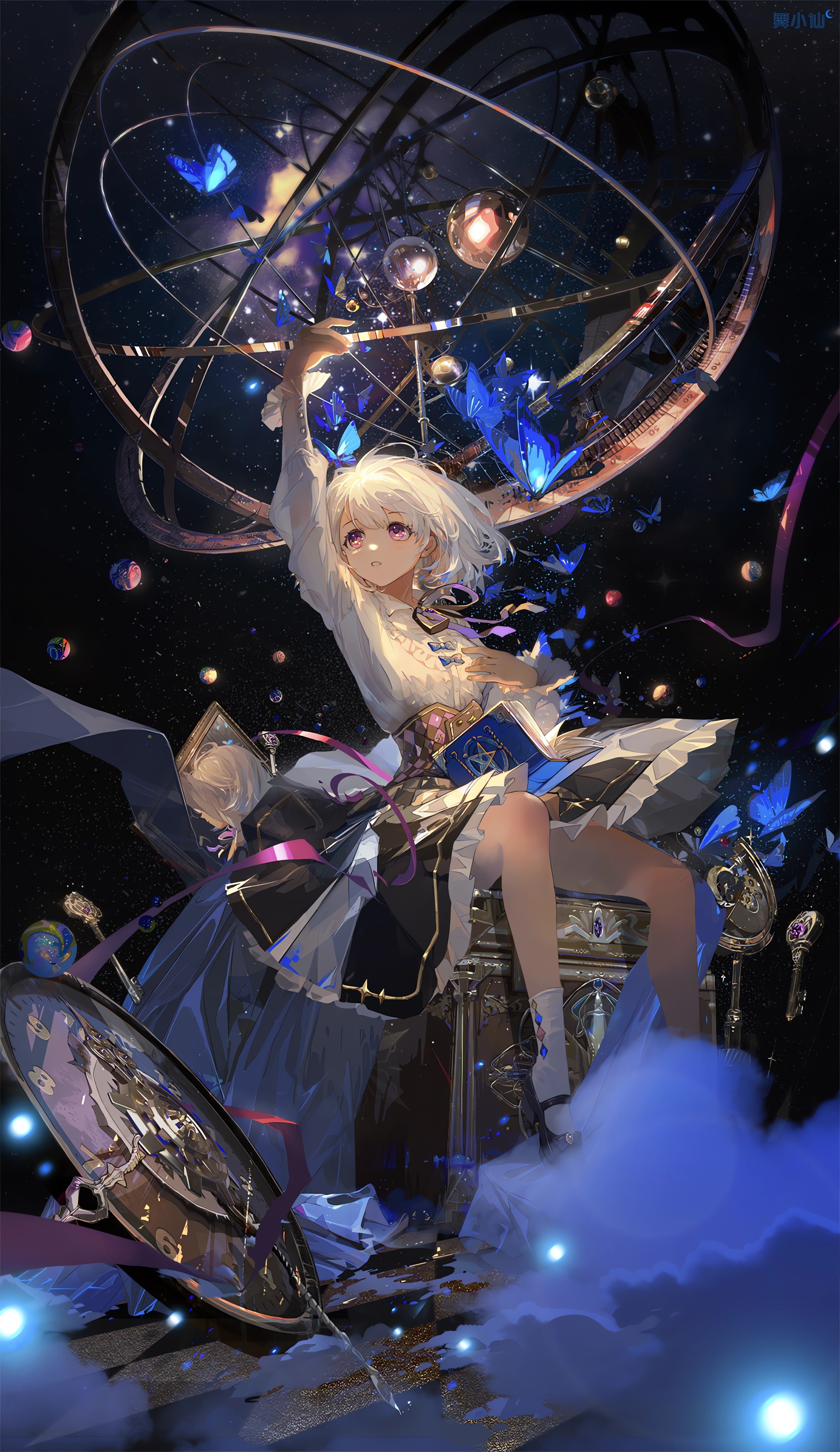 Girl with white hair and pink eyes and astrolabe HD Phone Wallpaper