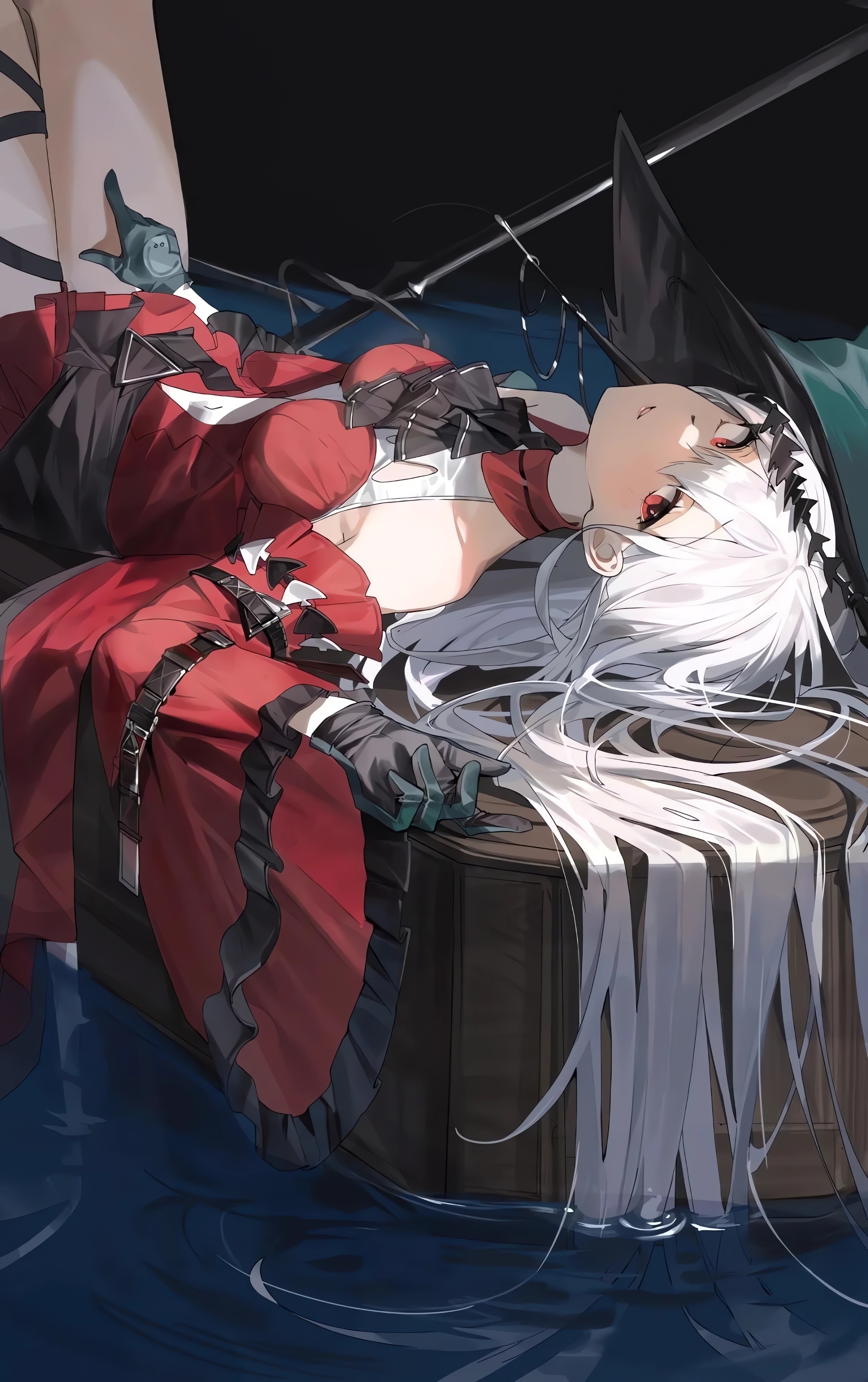 Arknights Skadi lying down in water HD Phone Wallpaper