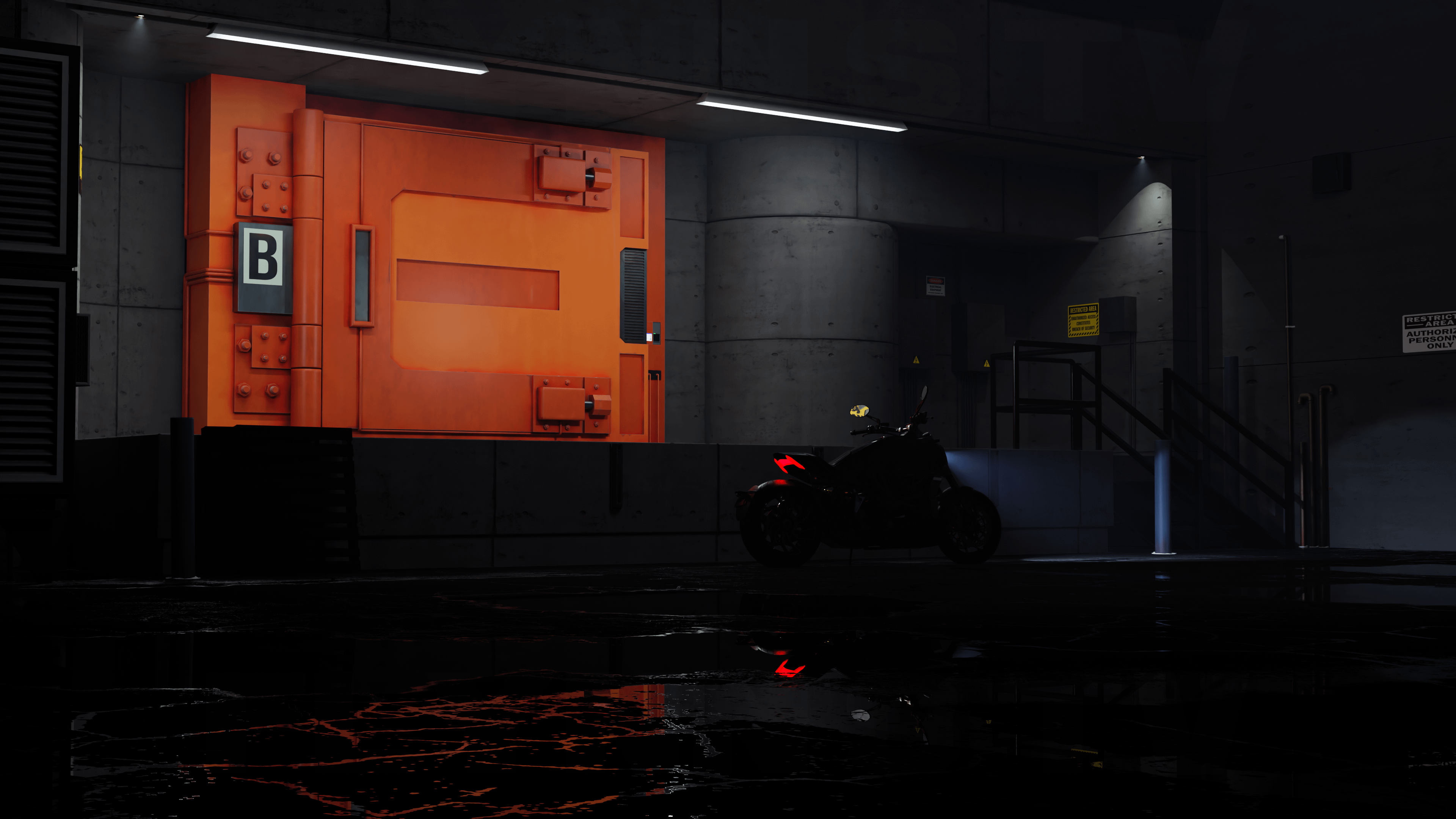 Tron: Legacy motorcycle in front of orange vault HD Wallpaper