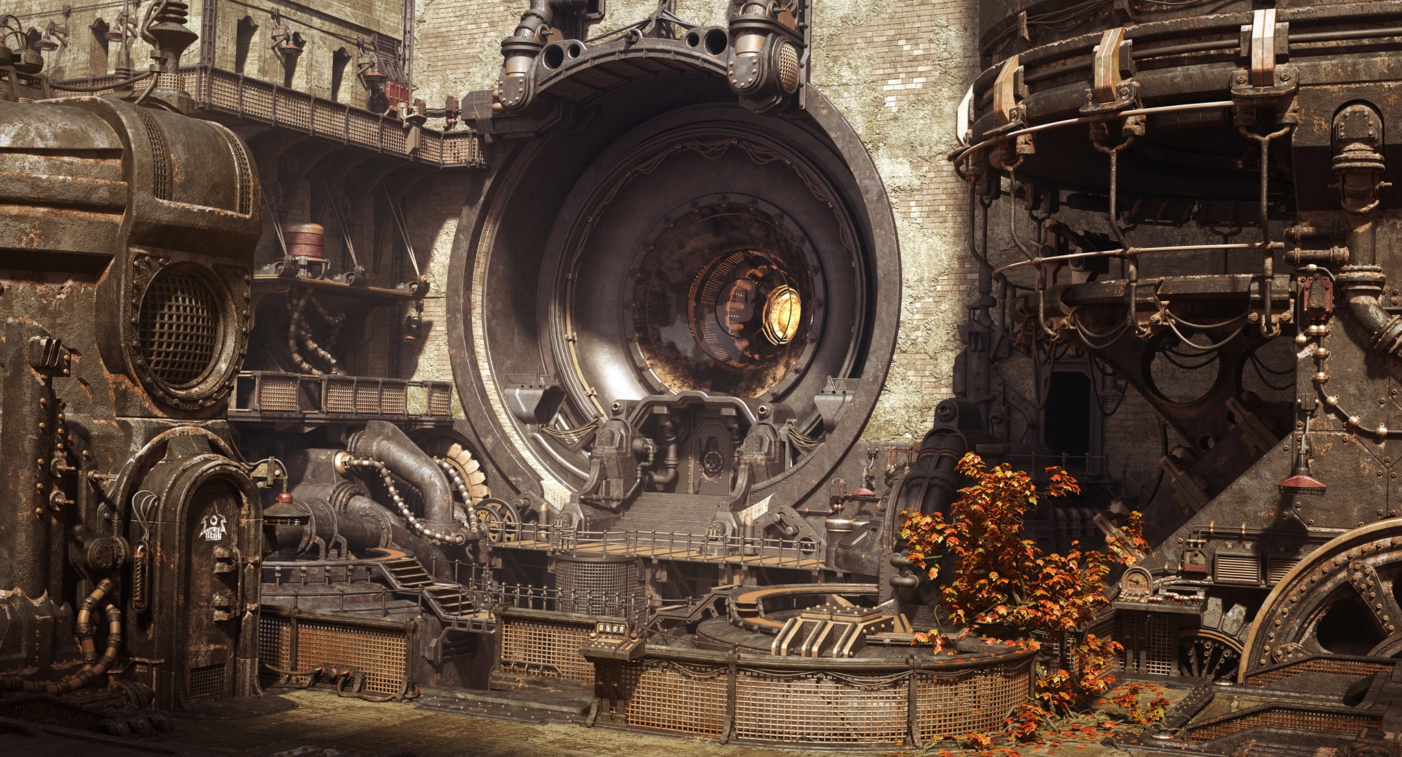 Steampunk machine with a large circular portal HD Wallpaper