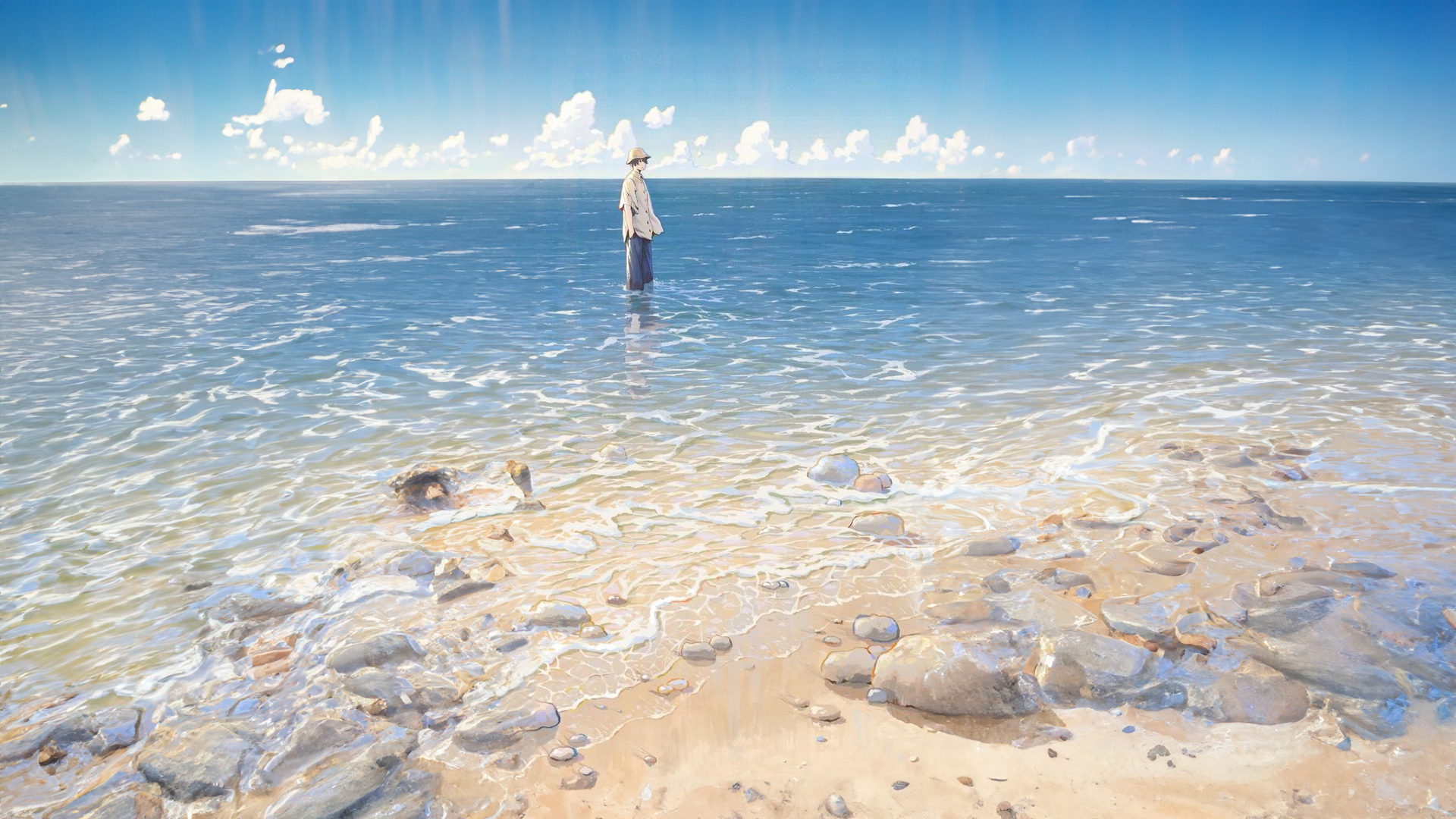 Anime boy standing in the sea near a rocky beach HD Wallpaper