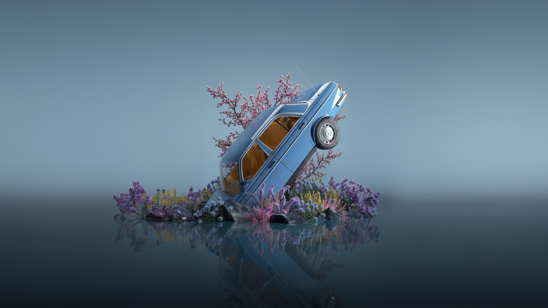 Blue car submerged in water with flowers HD Wallpaper