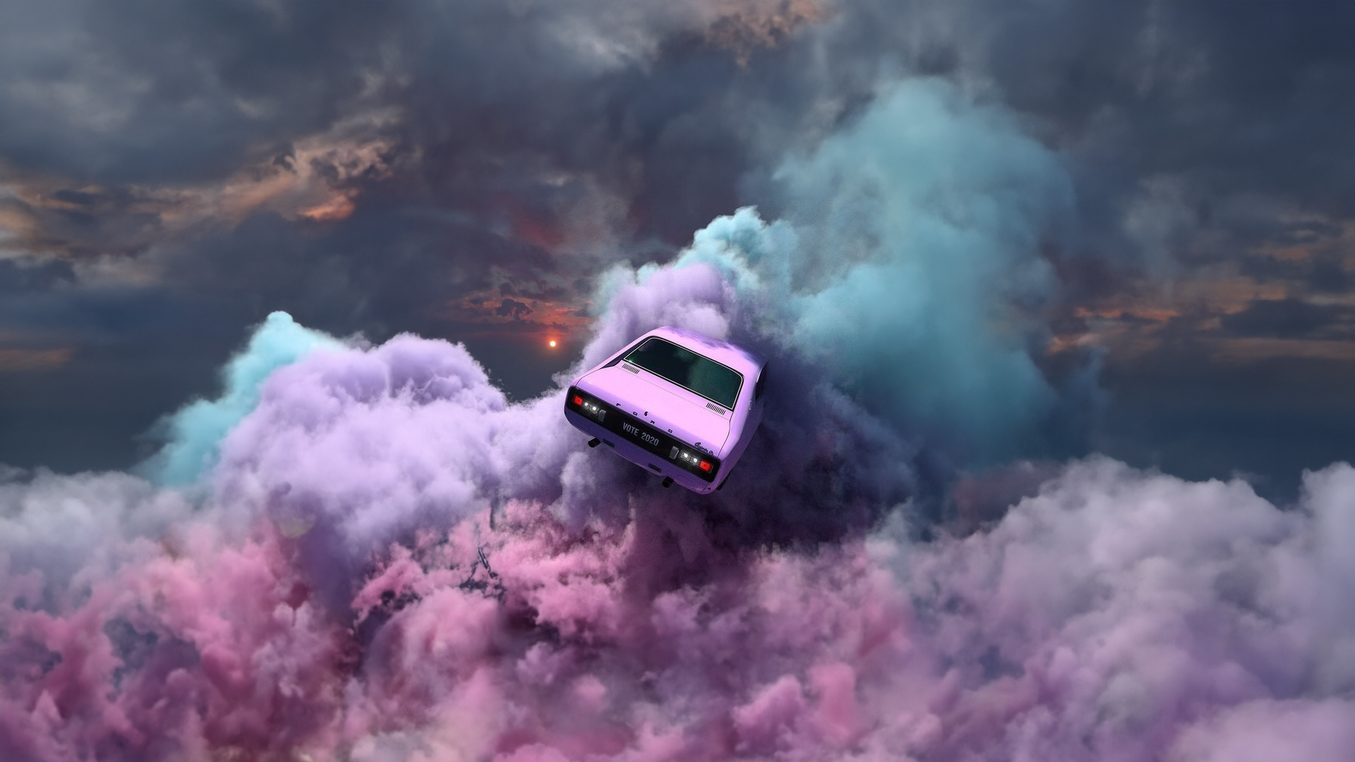 Purple Ford car in colorful clouds at sunset HD Wallpaper