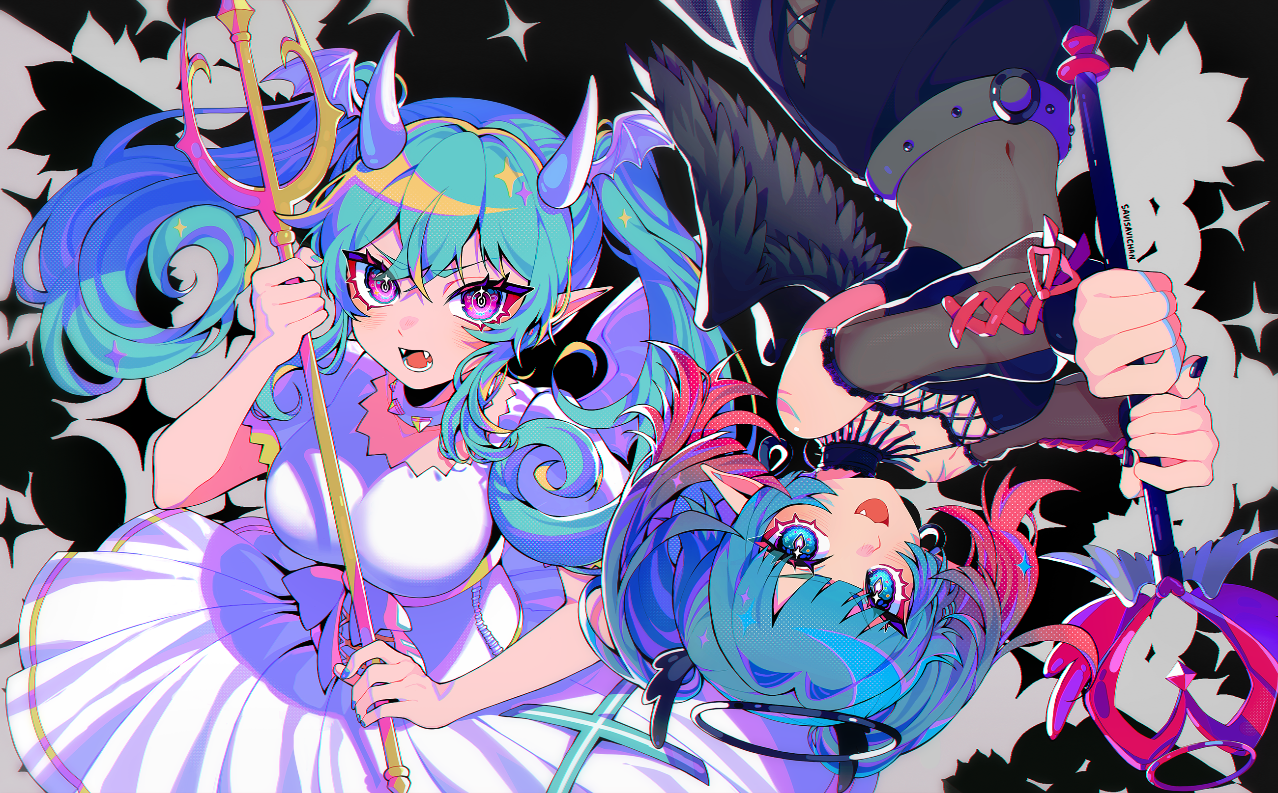Two demon girls with horns and weapons HD Wallpaper