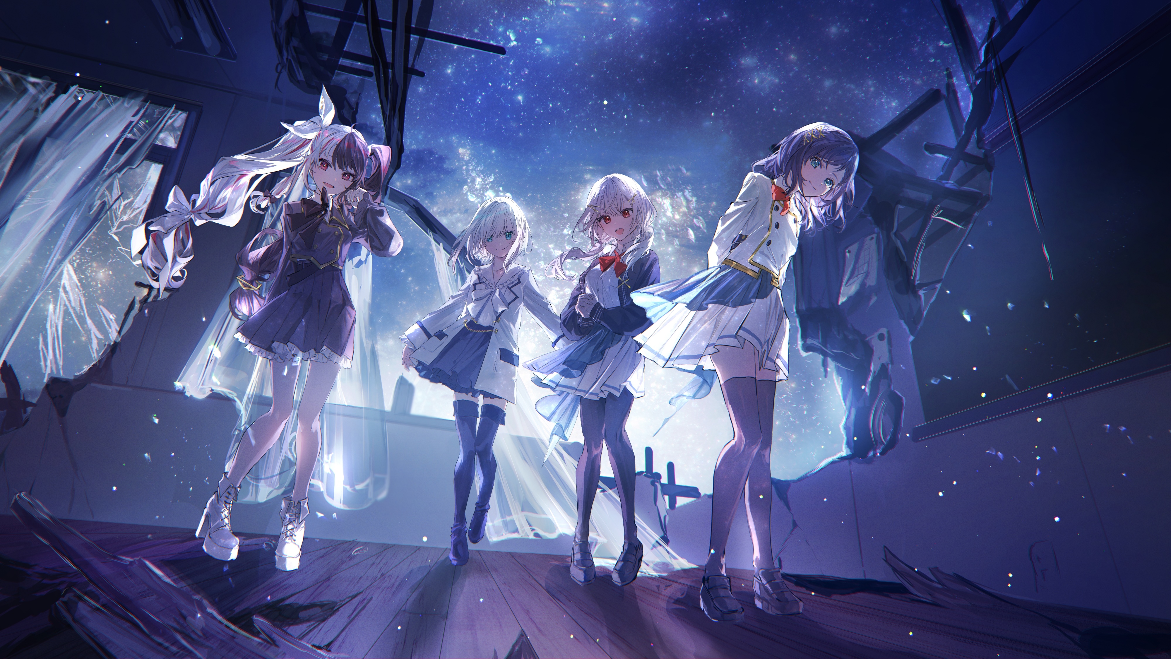 4K Schoolgirls Standing Under a Starry Sky HD Wallpaper