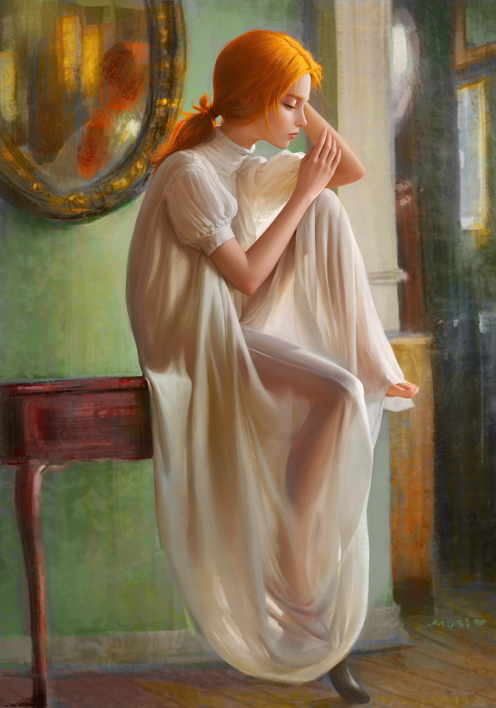 Redhead woman in a gown looking in a mirror HD Phone Wallpaper