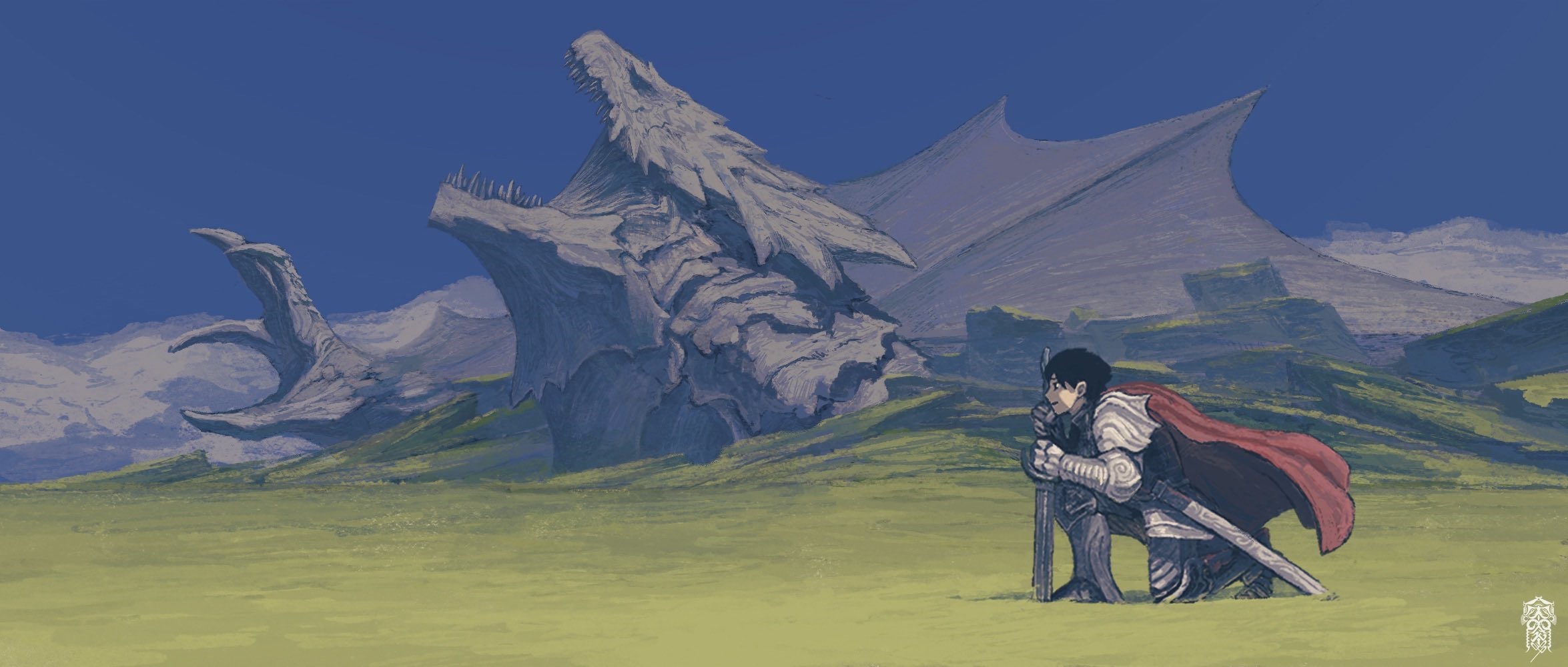 Knight kneeling before a stone dragon sculpture HD Wallpaper