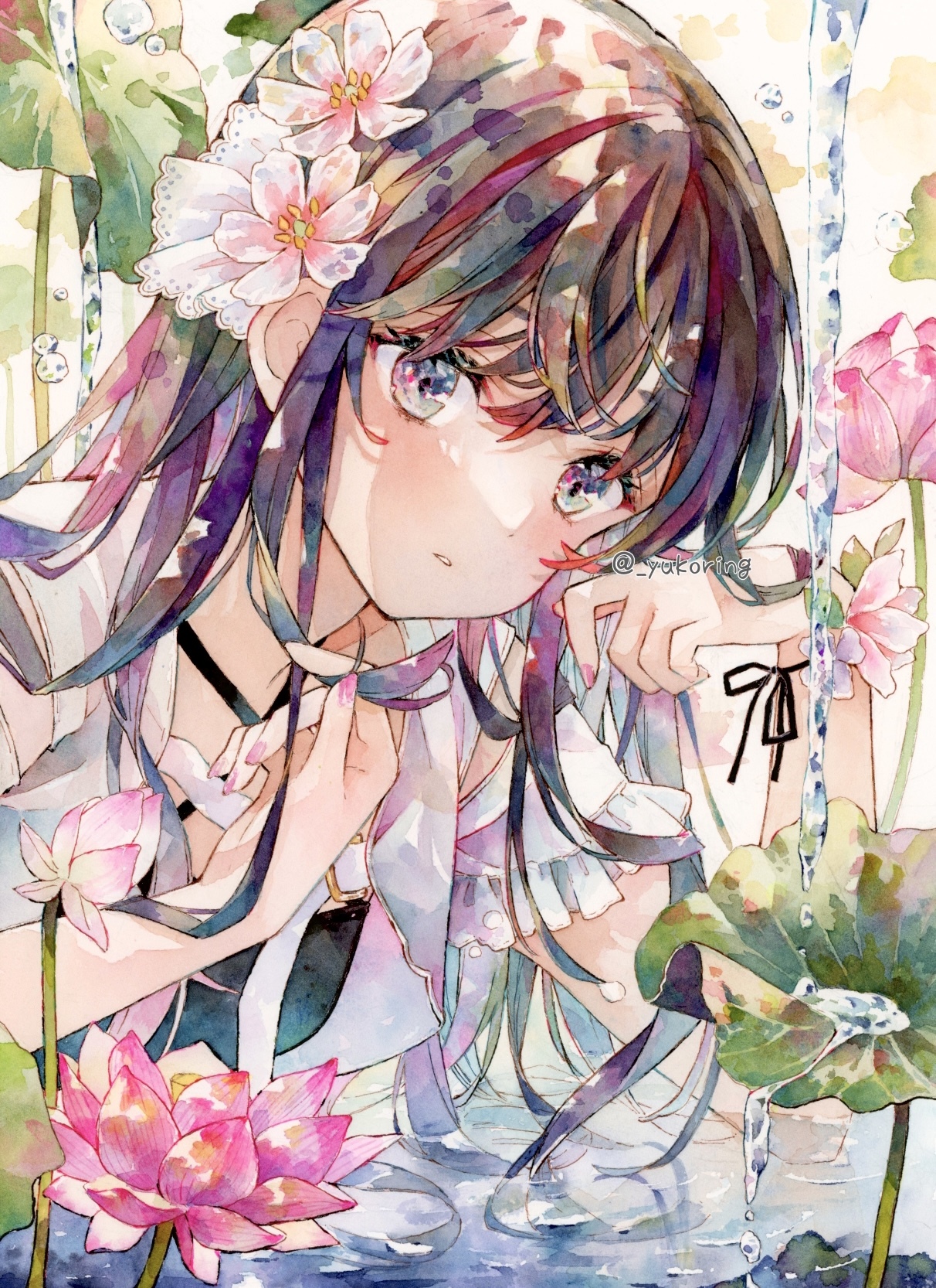 Girl with flowers and water lilies HD Phone Wallpaper