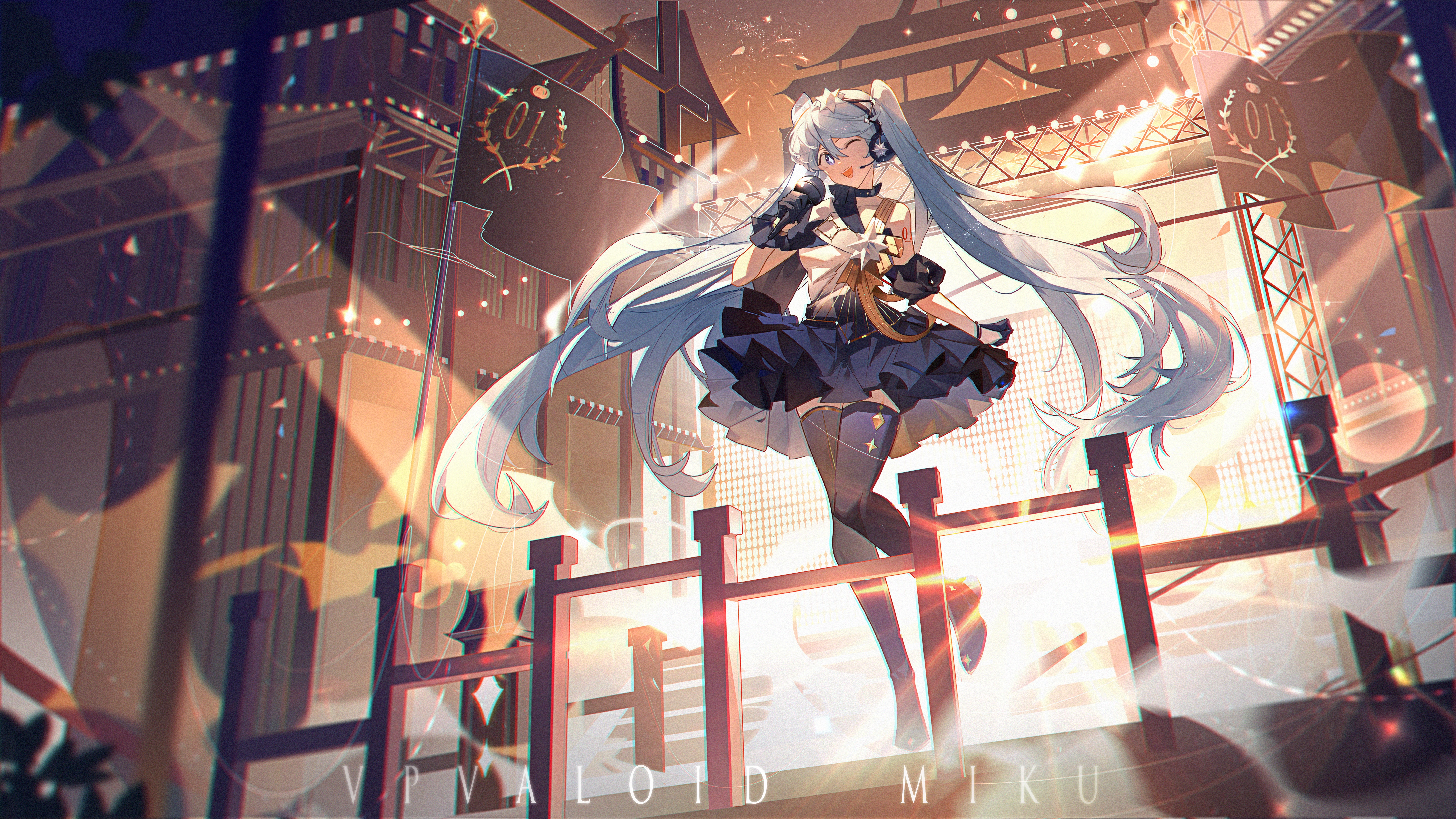 4K Hatsune Miku on Stage with Microphone HD Wallpaper