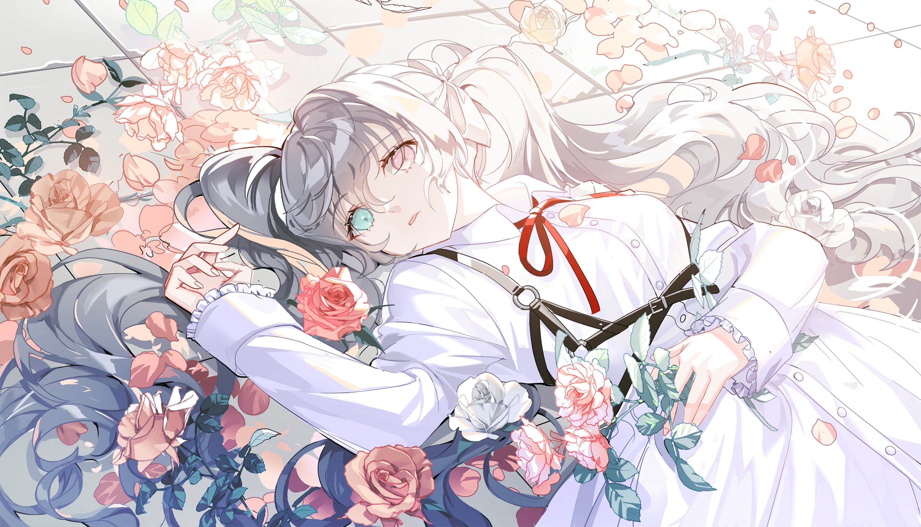 Hatsune Miku lying down with roses HD Wallpaper