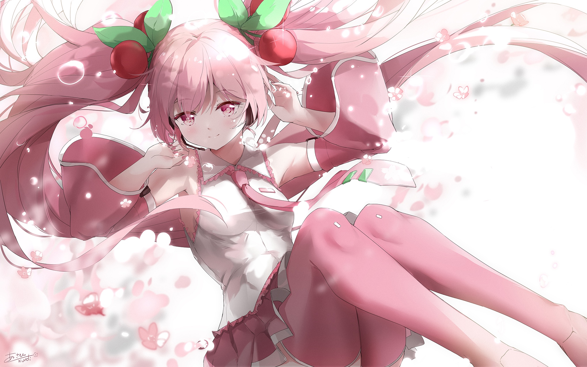Sakura Miku with pink twintails and cherry hair accessories HD Wallpaper