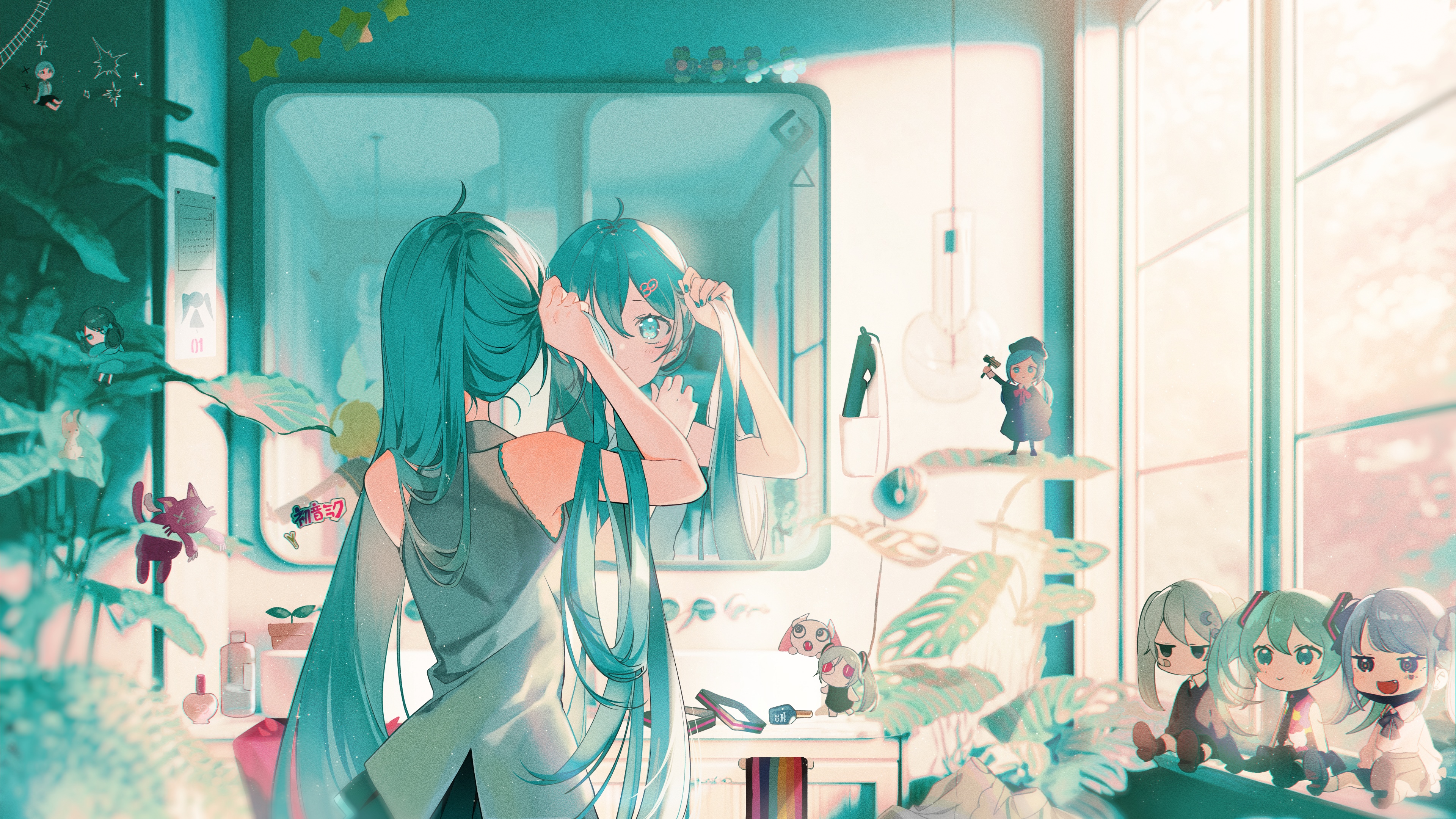 Hatsune Miku in a room with plants and a mirror HD Wallpaper