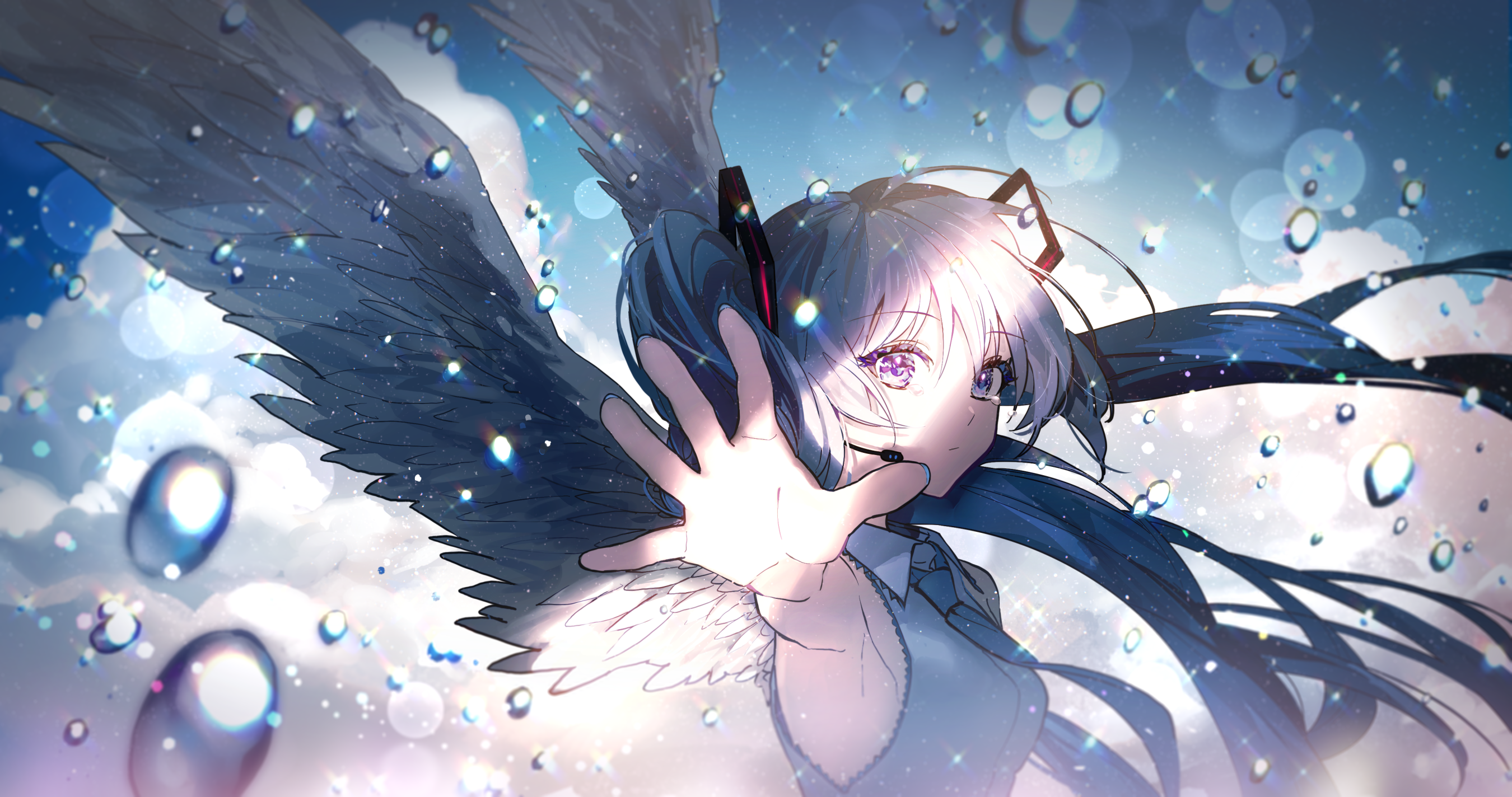 Hatsune Miku with wings and water drops HD Wallpaper
