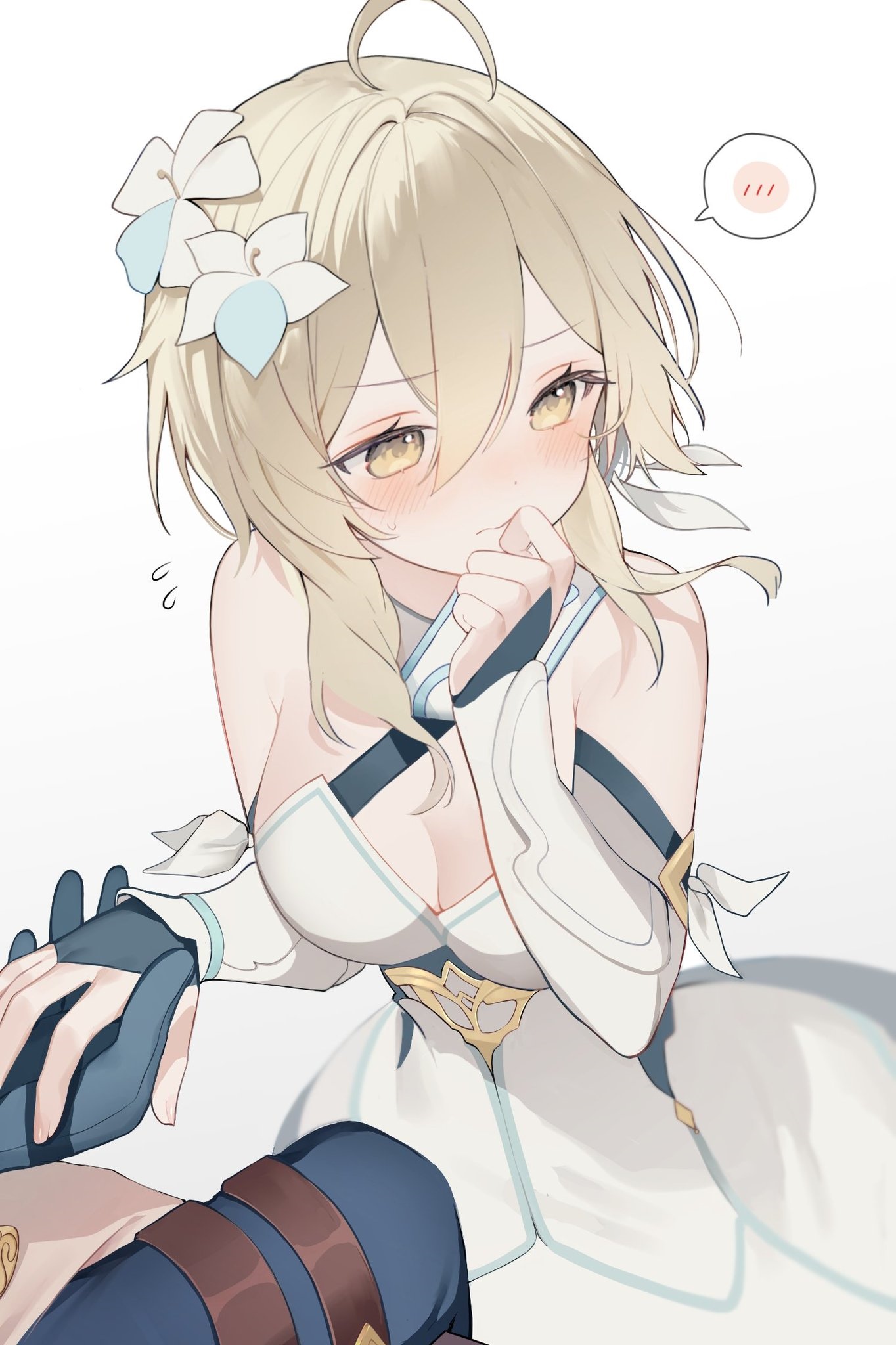 Lumine from Genshin Impact holding hands and blushing HD Phone Wallpaper