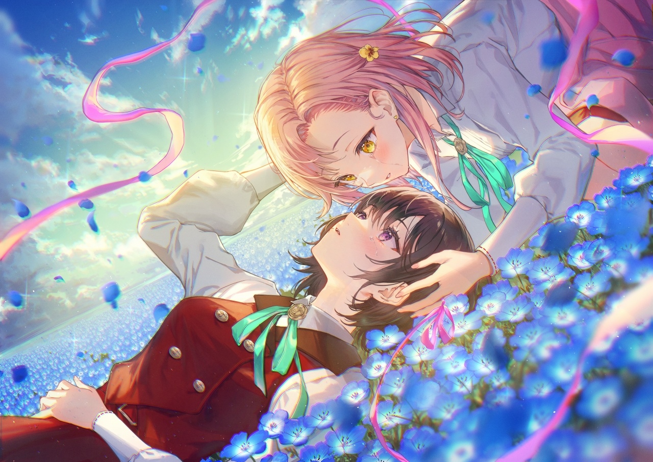 Two girls lying in a field of blue flowers HD Wallpaper