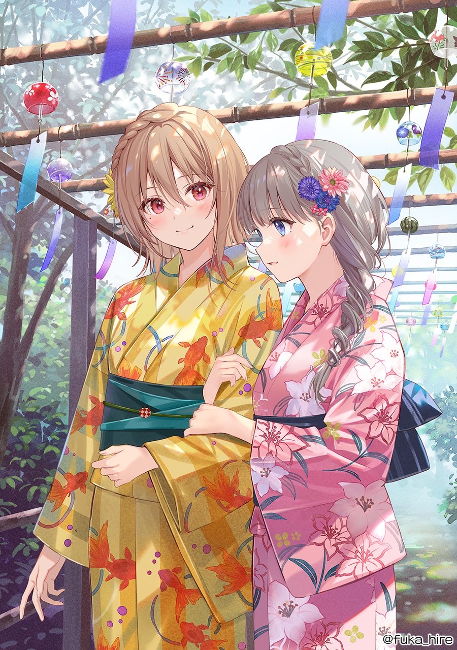 Two girls in kimonos at a summer festival HD Phone Wallpaper