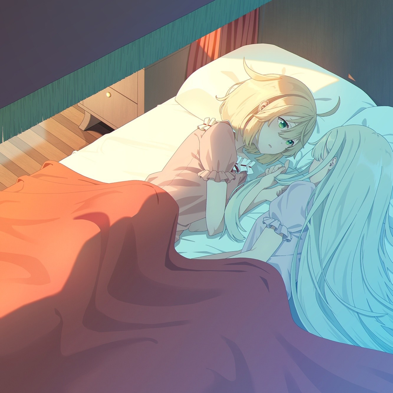 Two girls in pajamas lying on a bed HD Wallpaper
