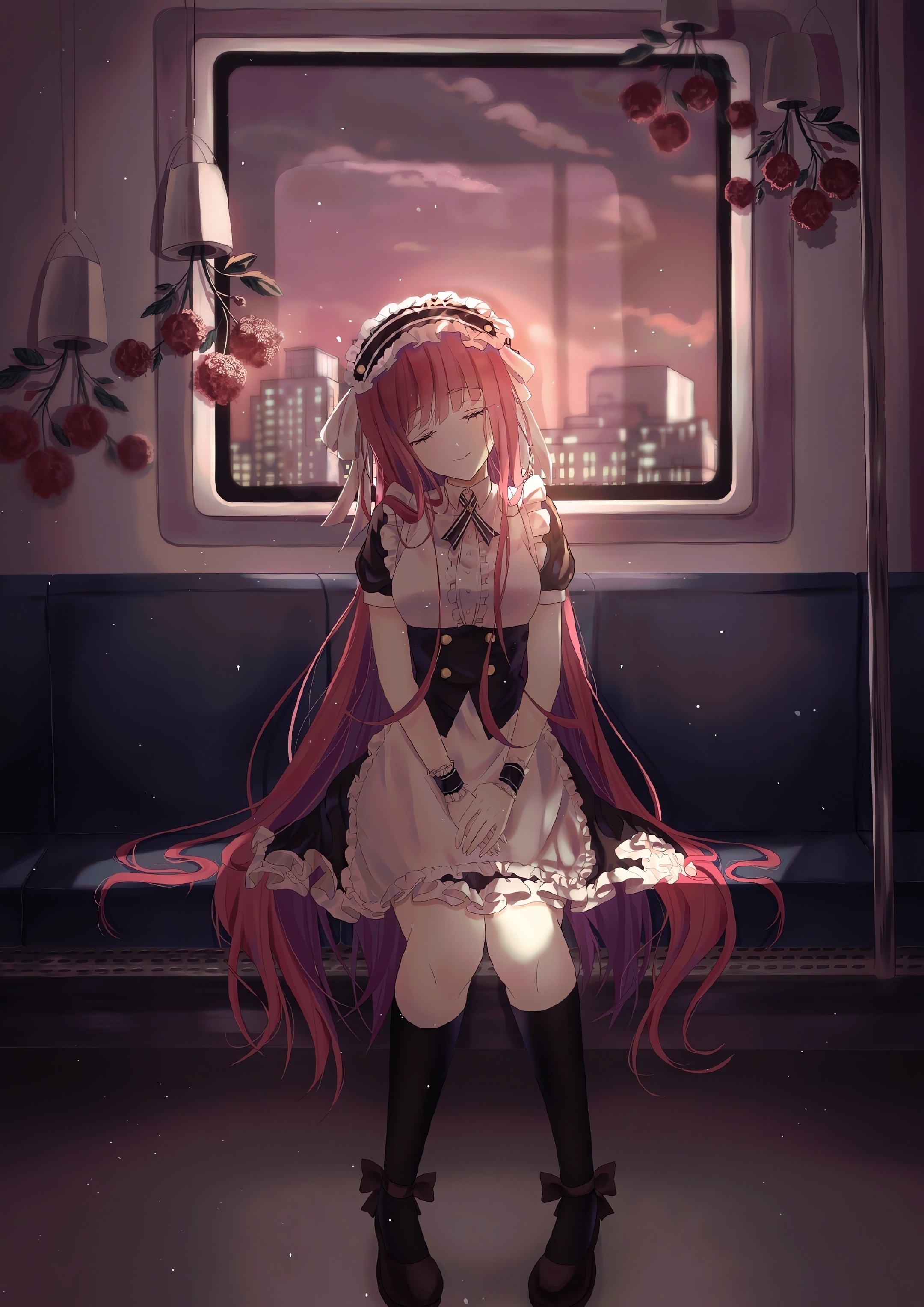 Anime girl in maid outfit on a train at sunset HD Phone Wallpaper