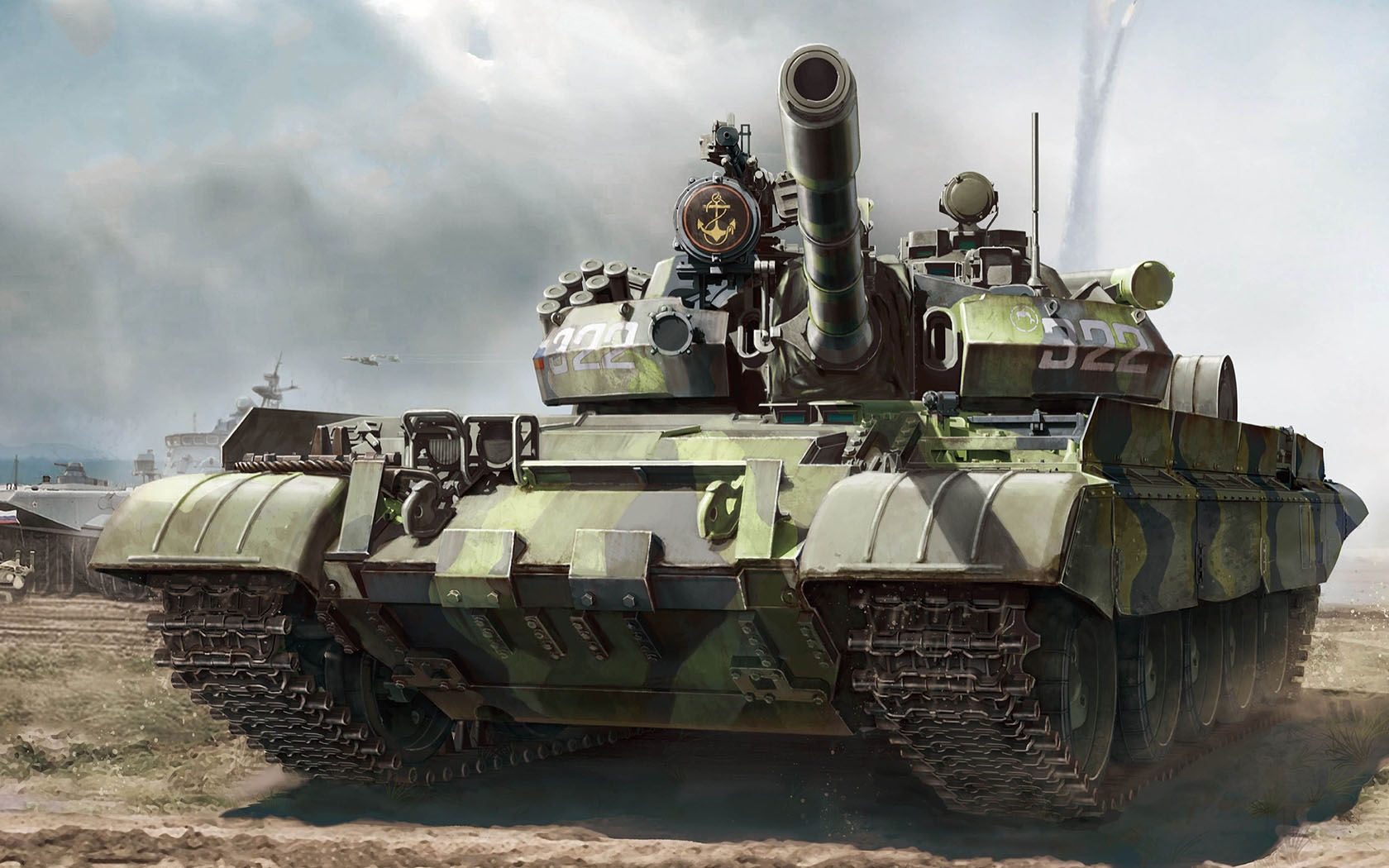A military tank with an anchor emblem in a battle scene HD Wallpaper