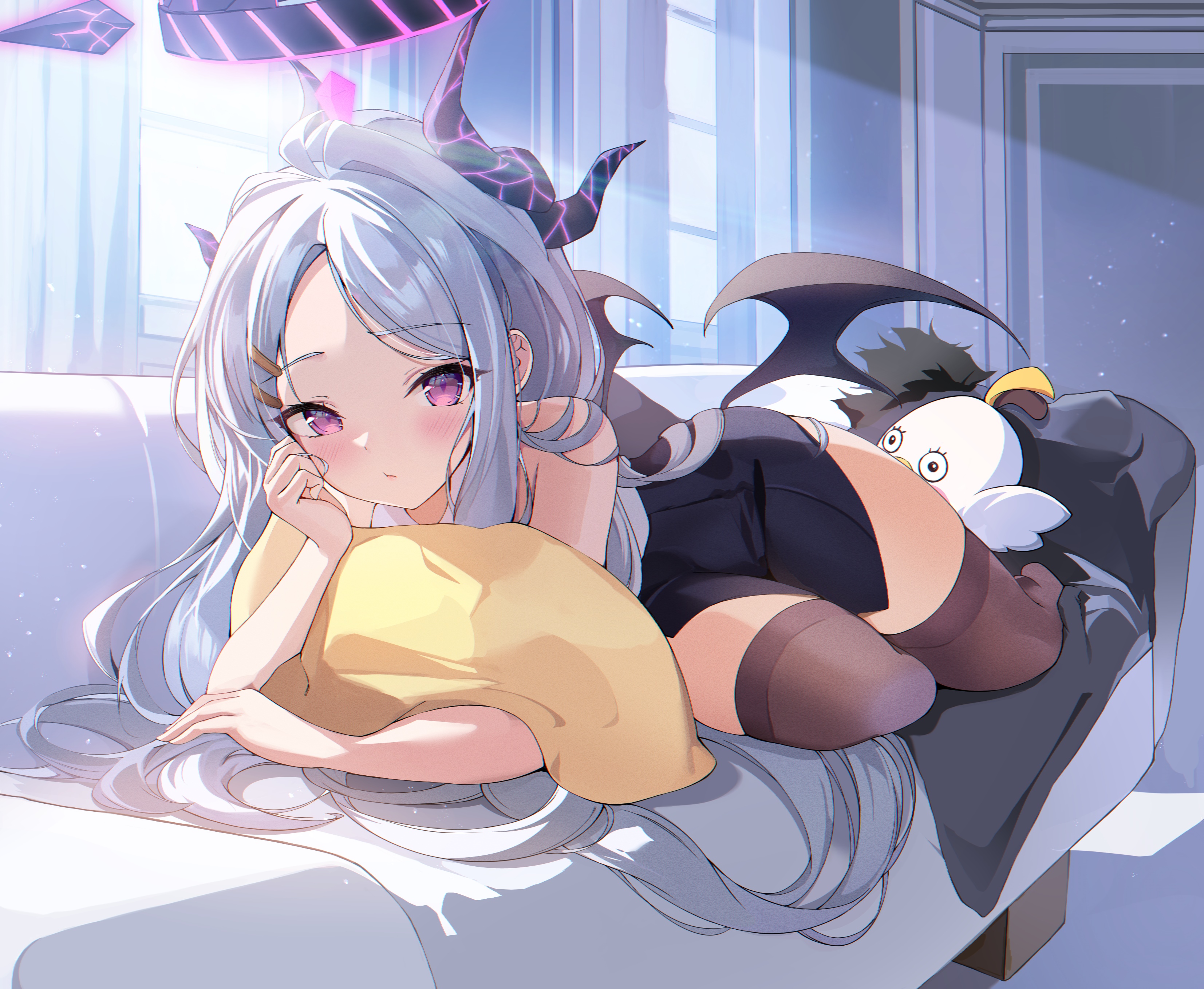Sorasaki Hina with a plushie on a couch HD Wallpaper