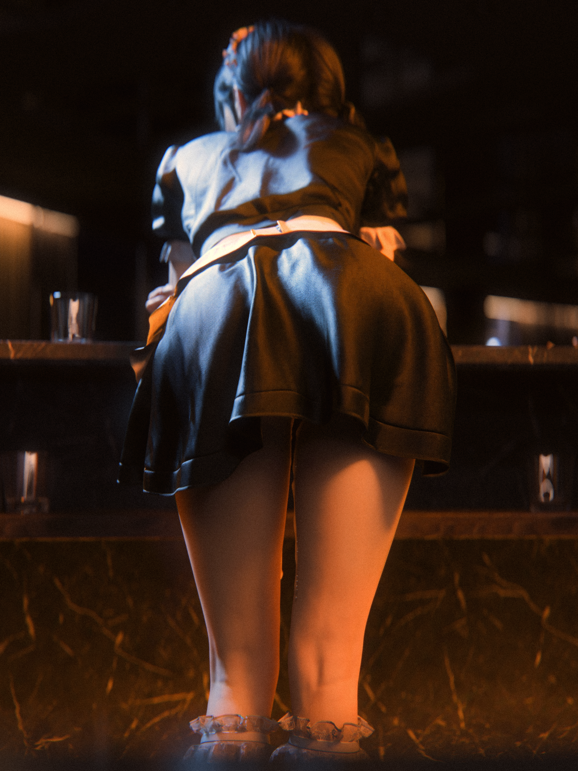 Woman in maid outfit bent over at a bar HD Phone Wallpaper
