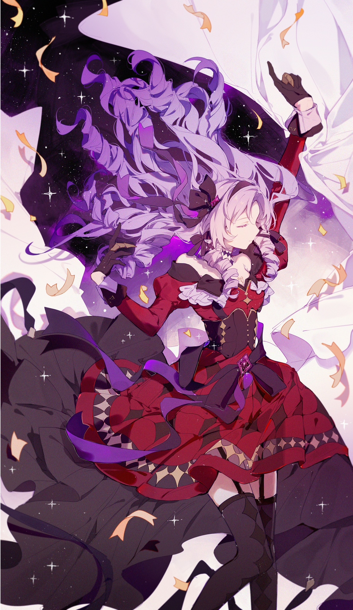 Girl in red dress with purple hair and stars HD Phone Wallpaper
