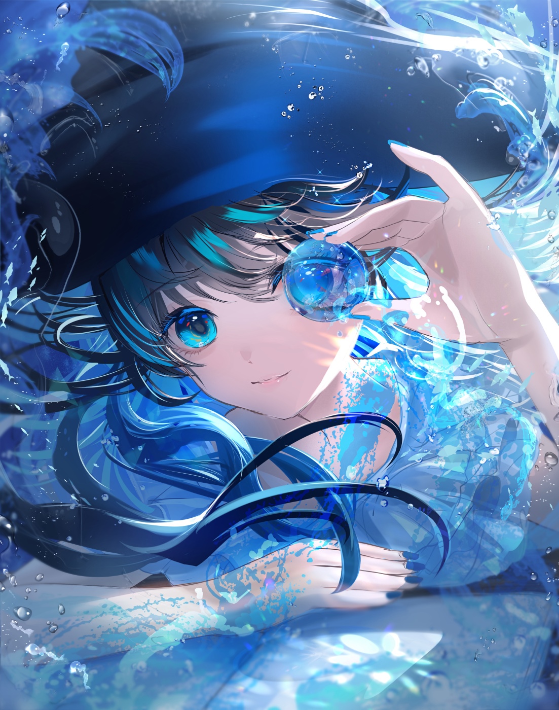 Anime girl with blue hair and eyes in water HD Phone Wallpaper