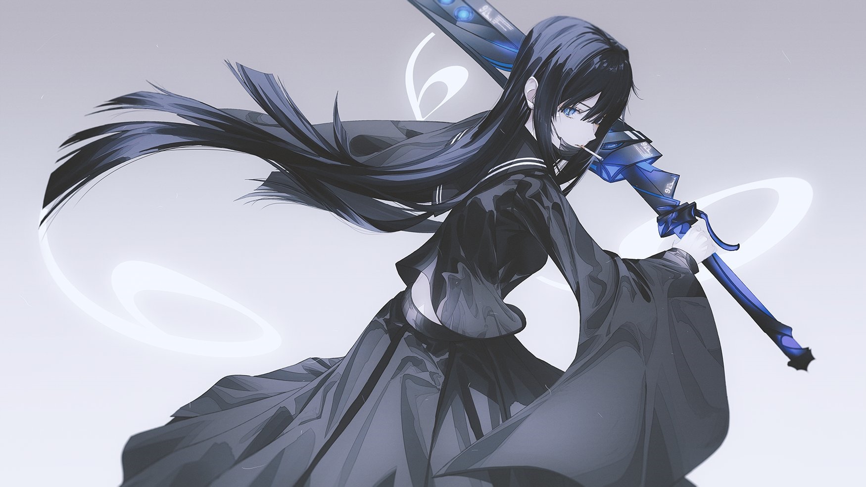 Anime girl with black hair and blue eyes holding a sword HD Wallpaper