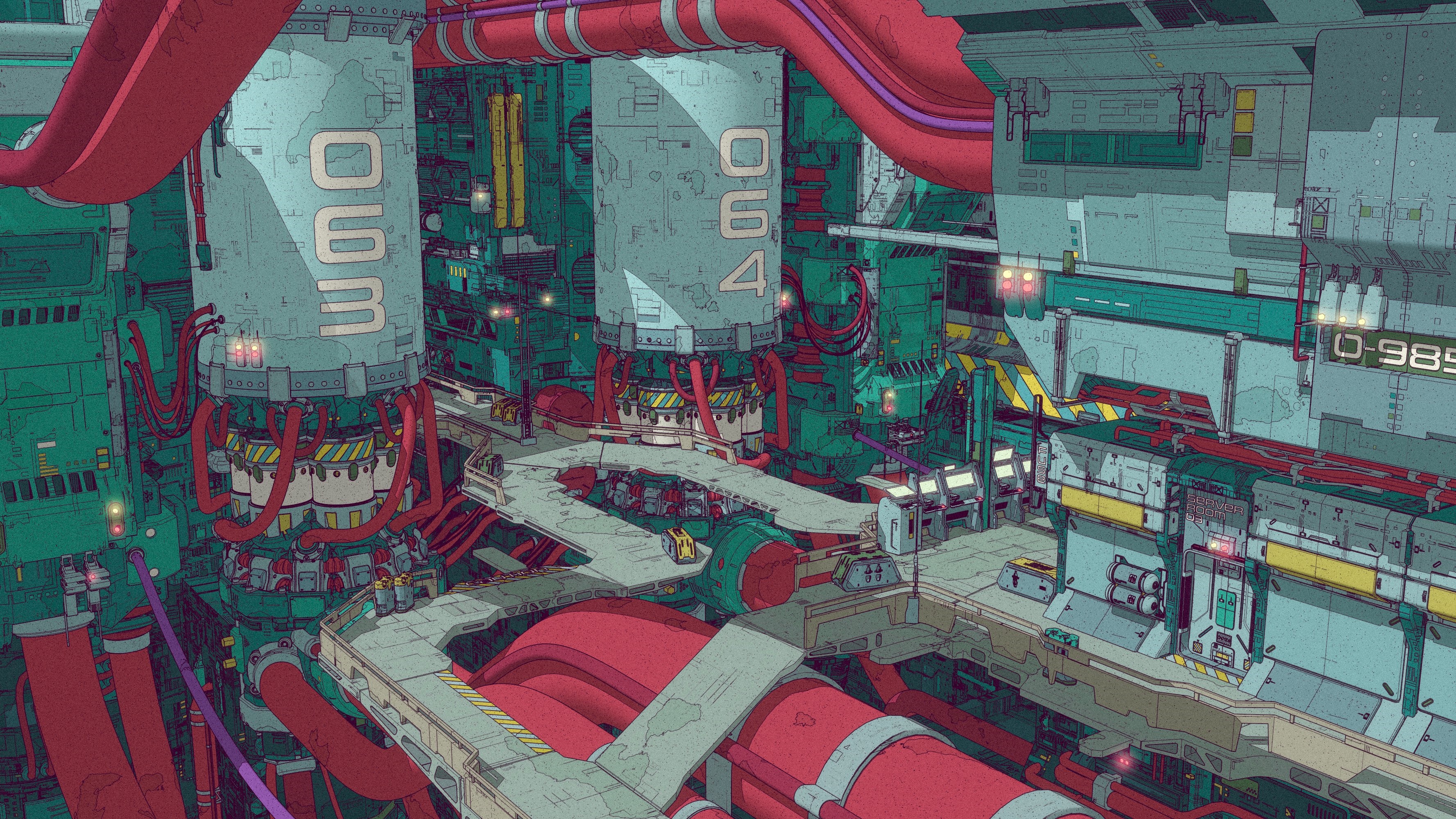Futuristic industrial complex with large pipes and machinery HD Wallpaper