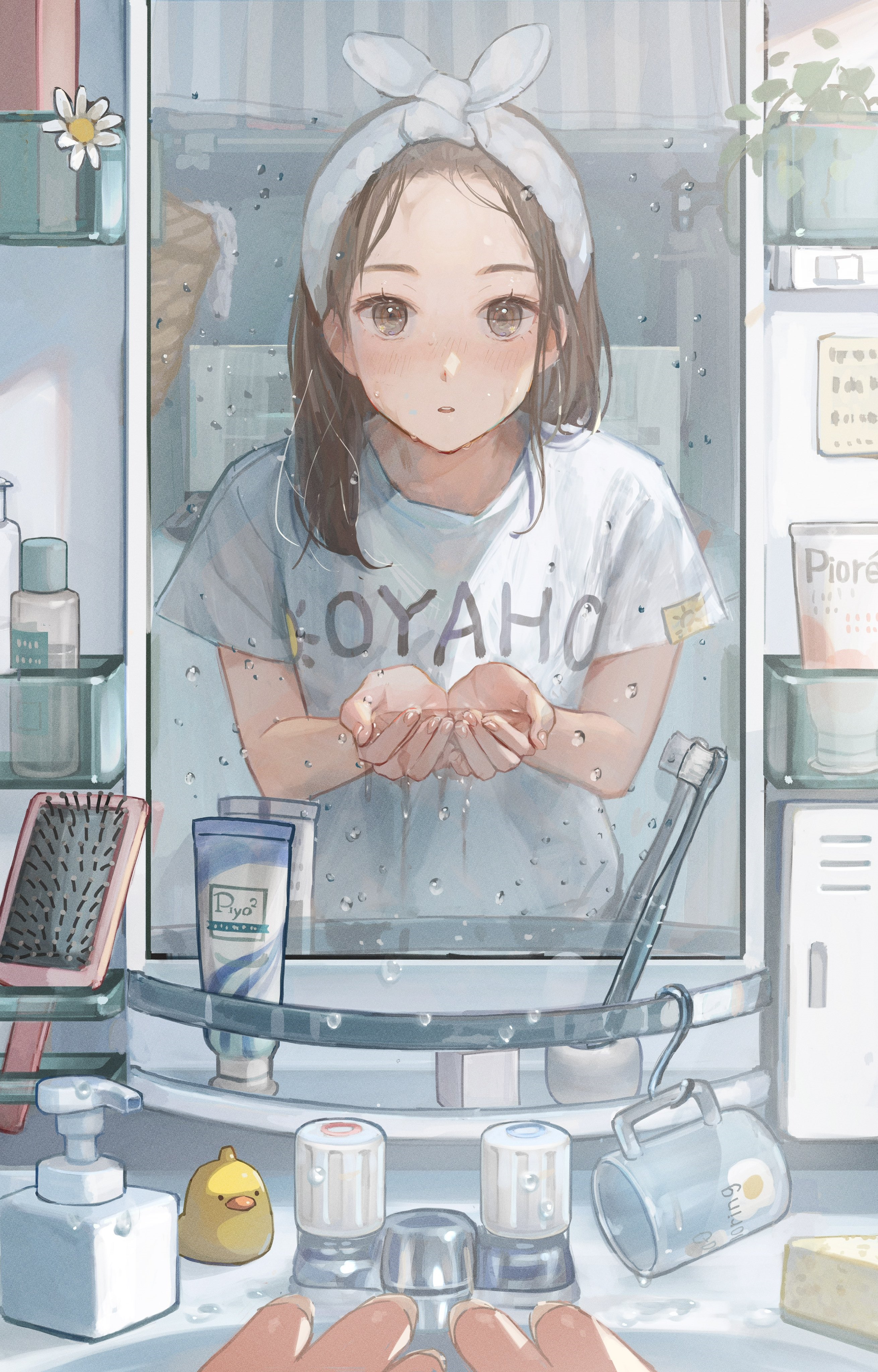 Girl in bathroom with water drops on mirror HD Phone Wallpaper