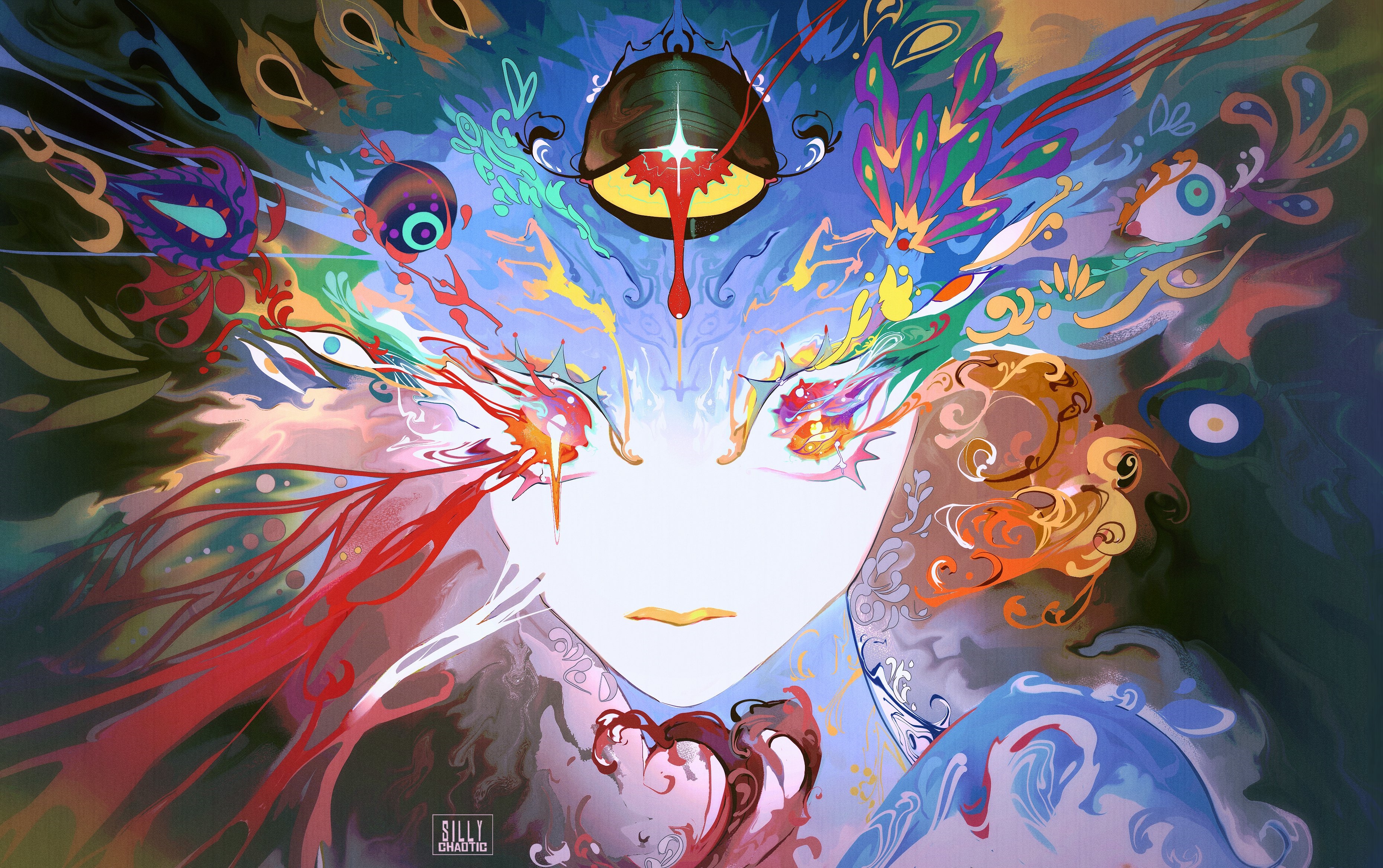 Abstract colorful face with many eyes HD Wallpaper