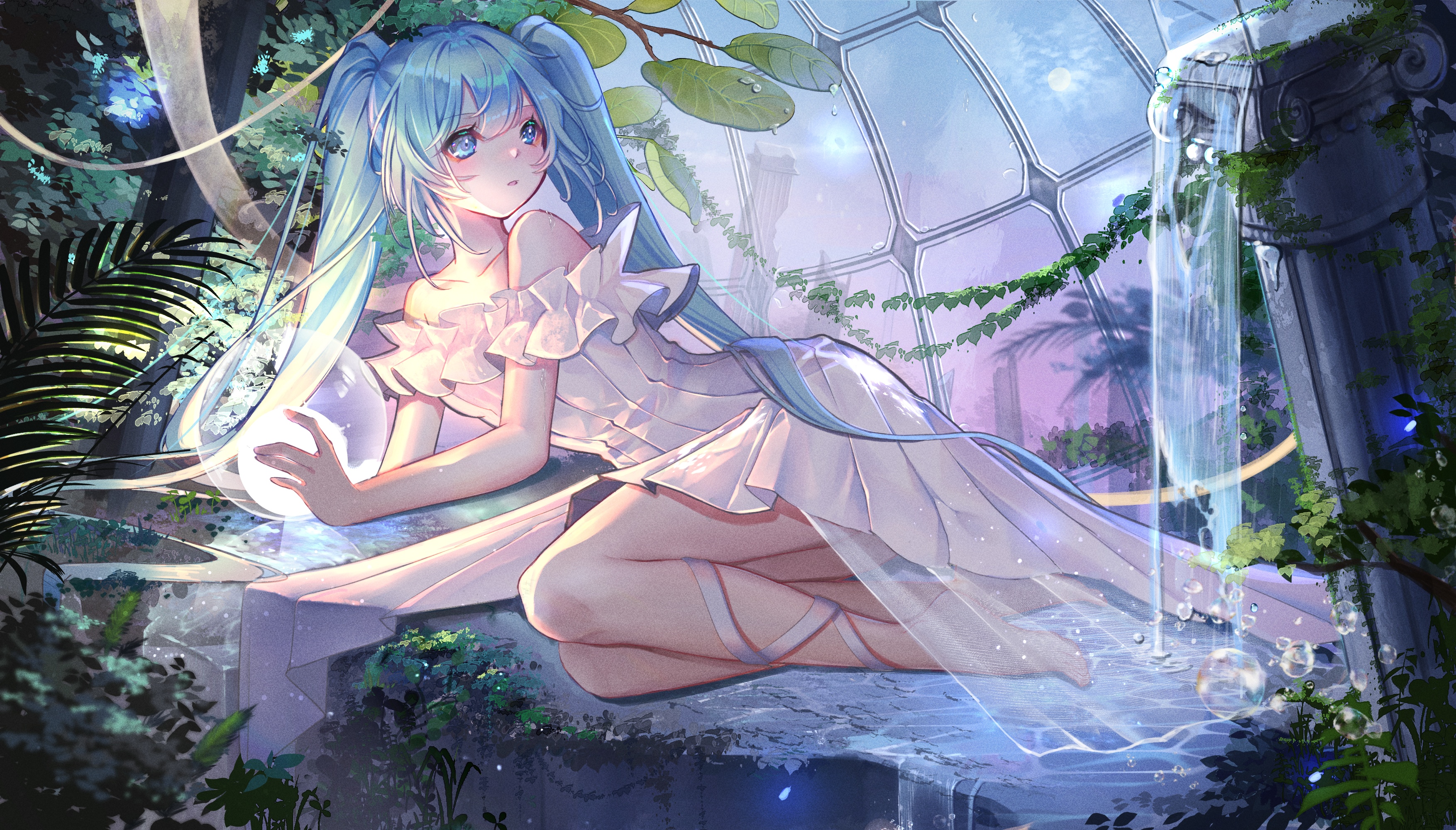 Hatsune Miku in a greenhouse with a waterfall HD Wallpaper