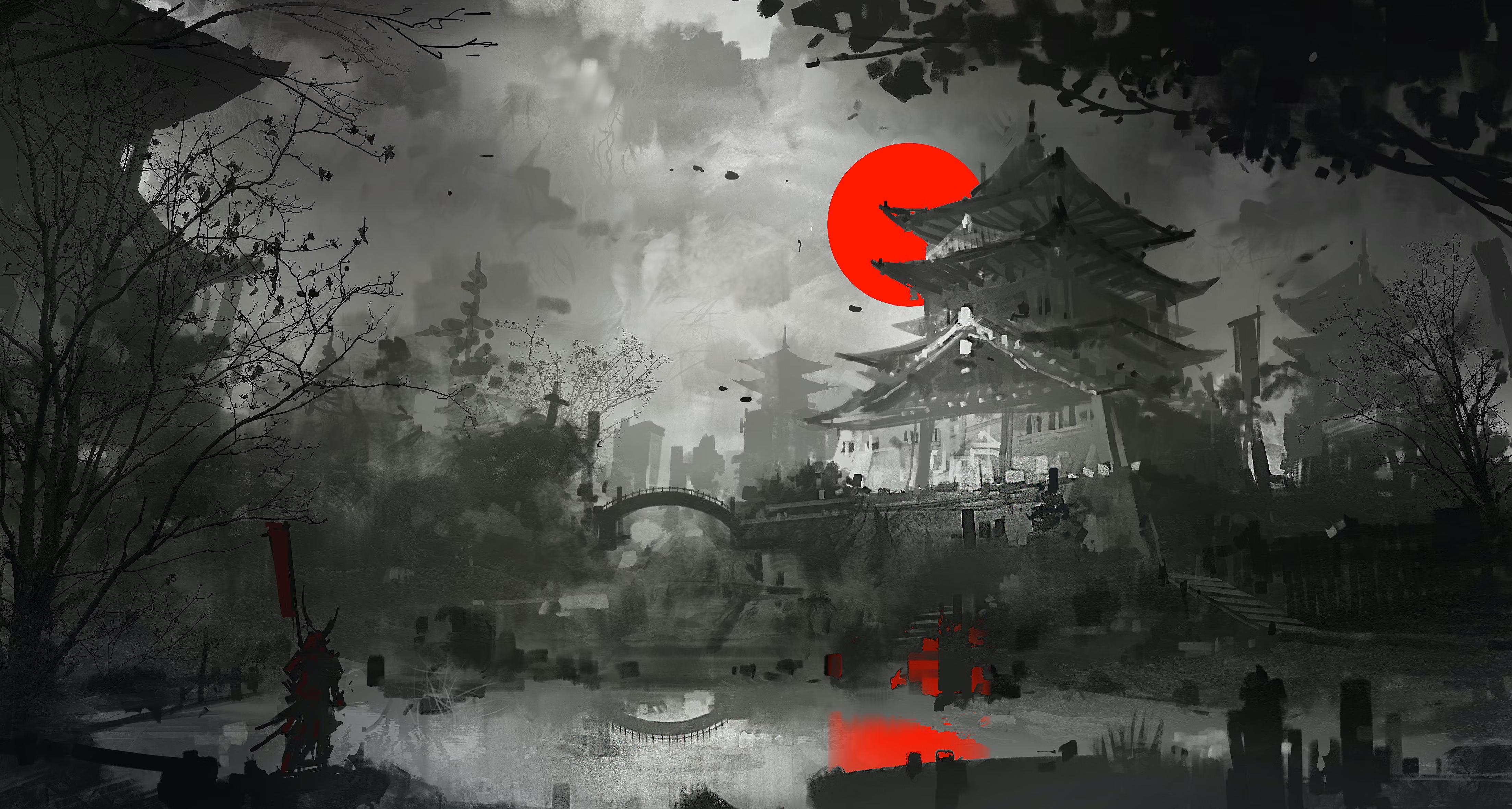 4K Japanese castle with samurai and red sun HD Wallpaper