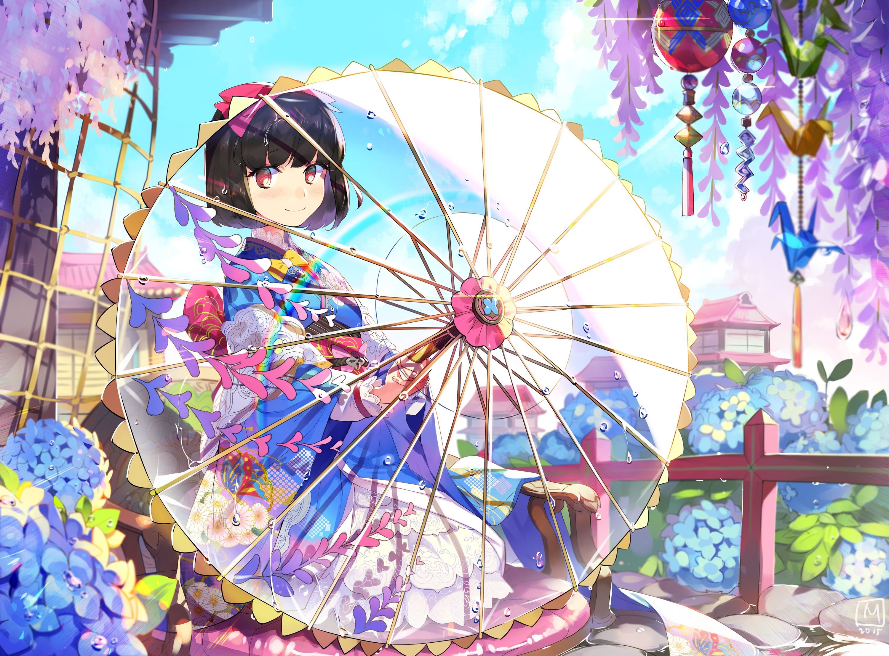 Girl in Kimono Holding Umbrella with Hydrangeas HD Wallpaper