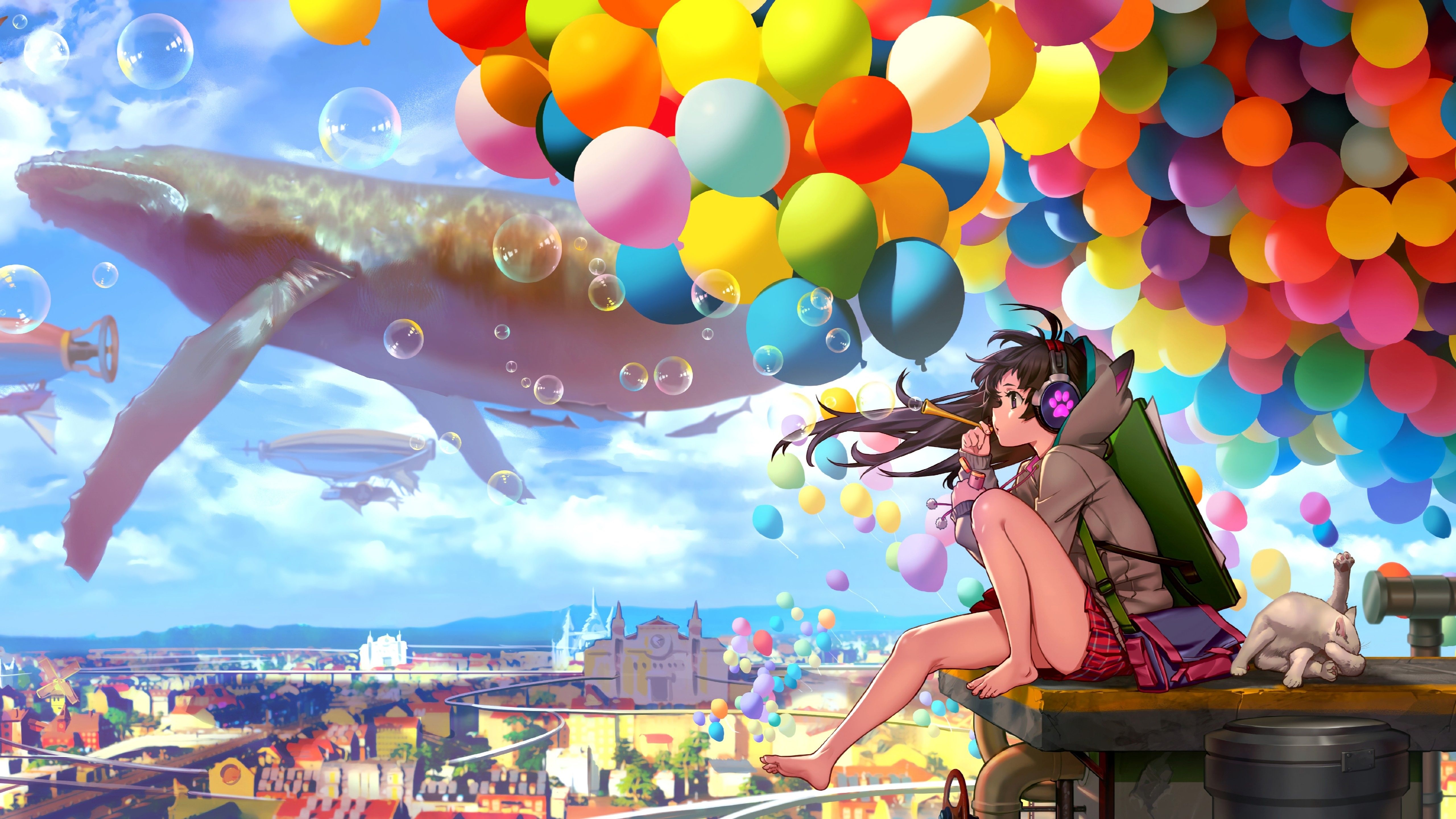 Whale and Girl with Balloons in Sky City HD Wallpaper