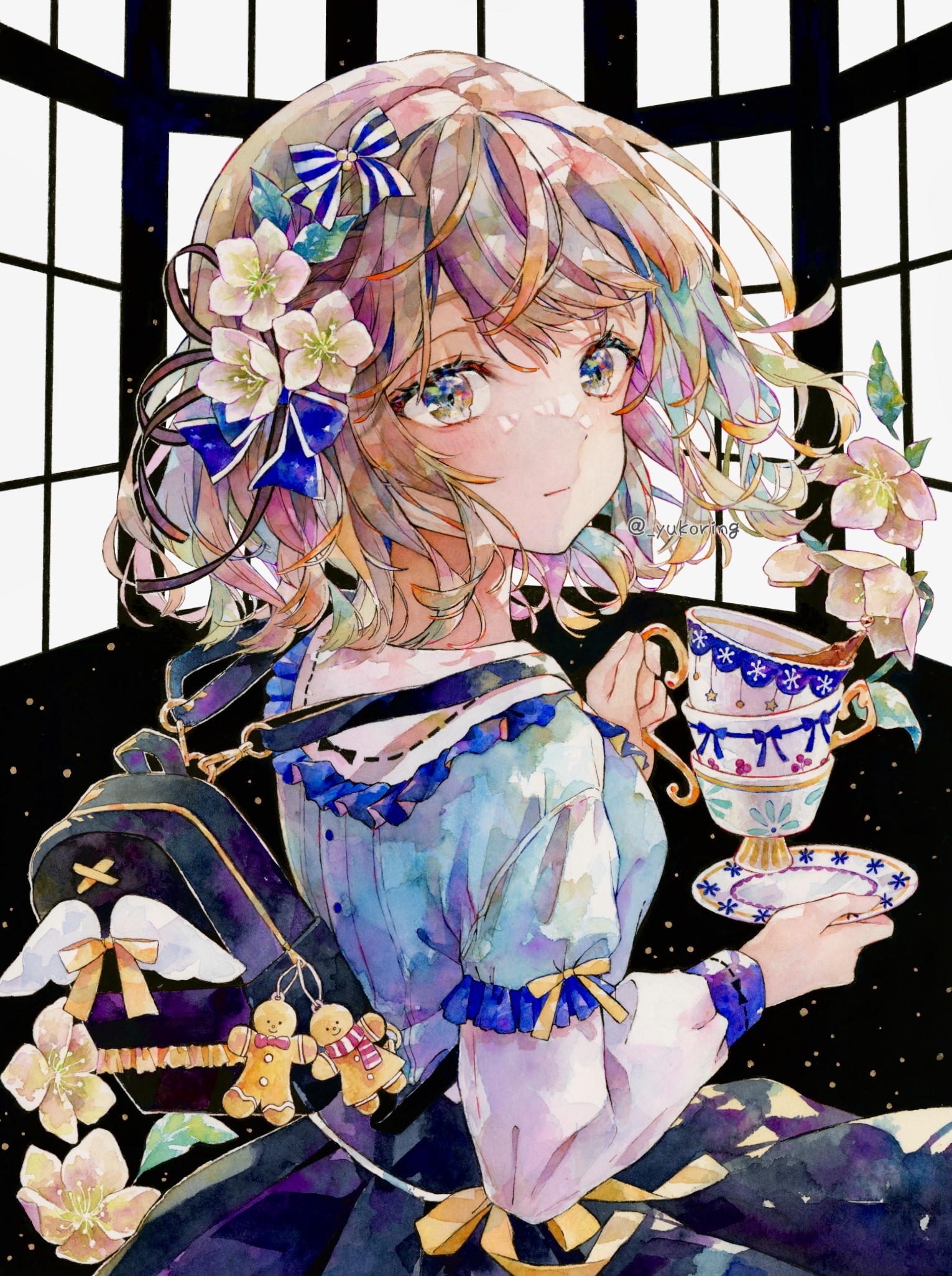 Girl with flowers in hair and tea cups HD Phone Wallpaper