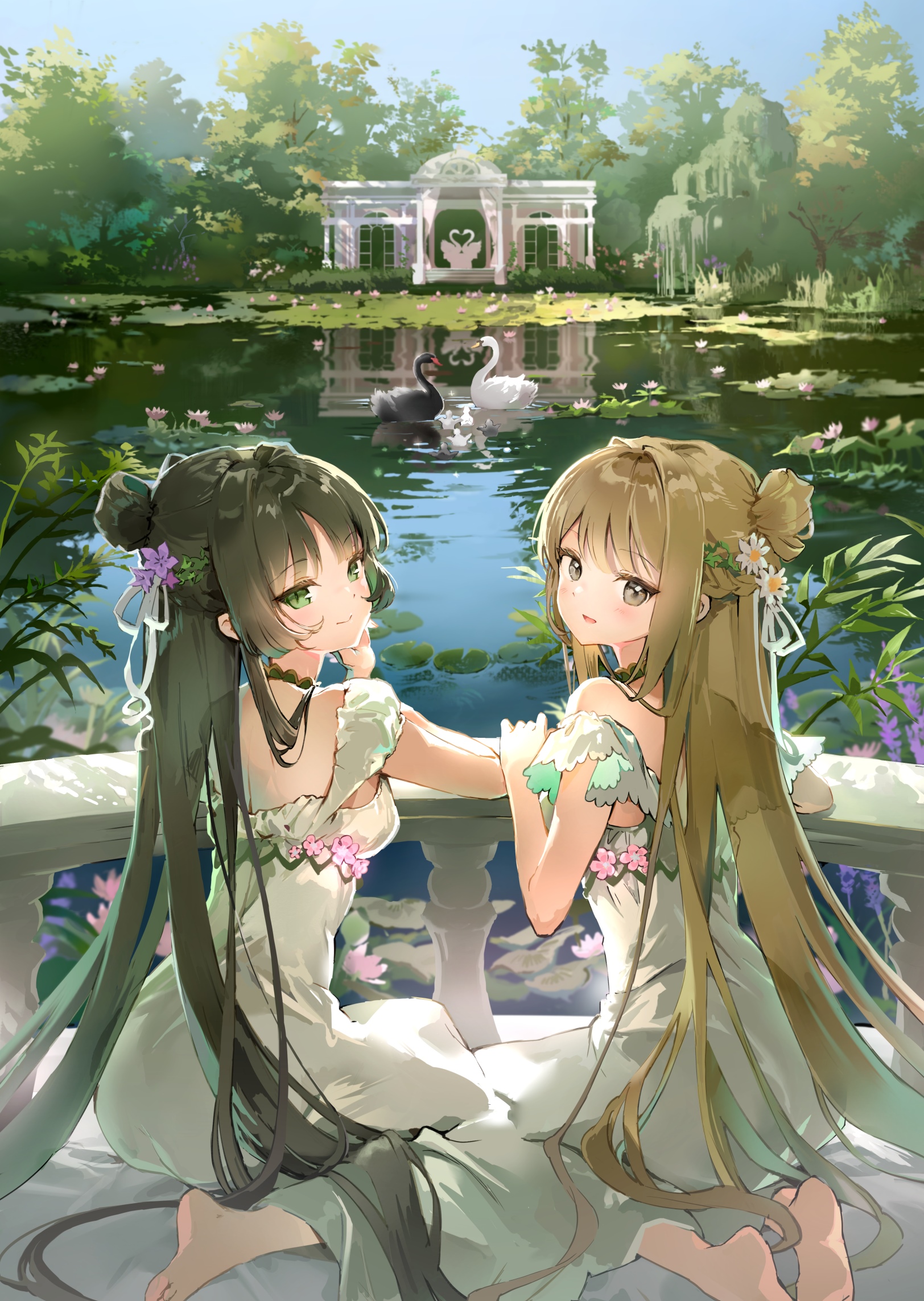 Two girls in dresses by a pond with swans HD Phone Wallpaper