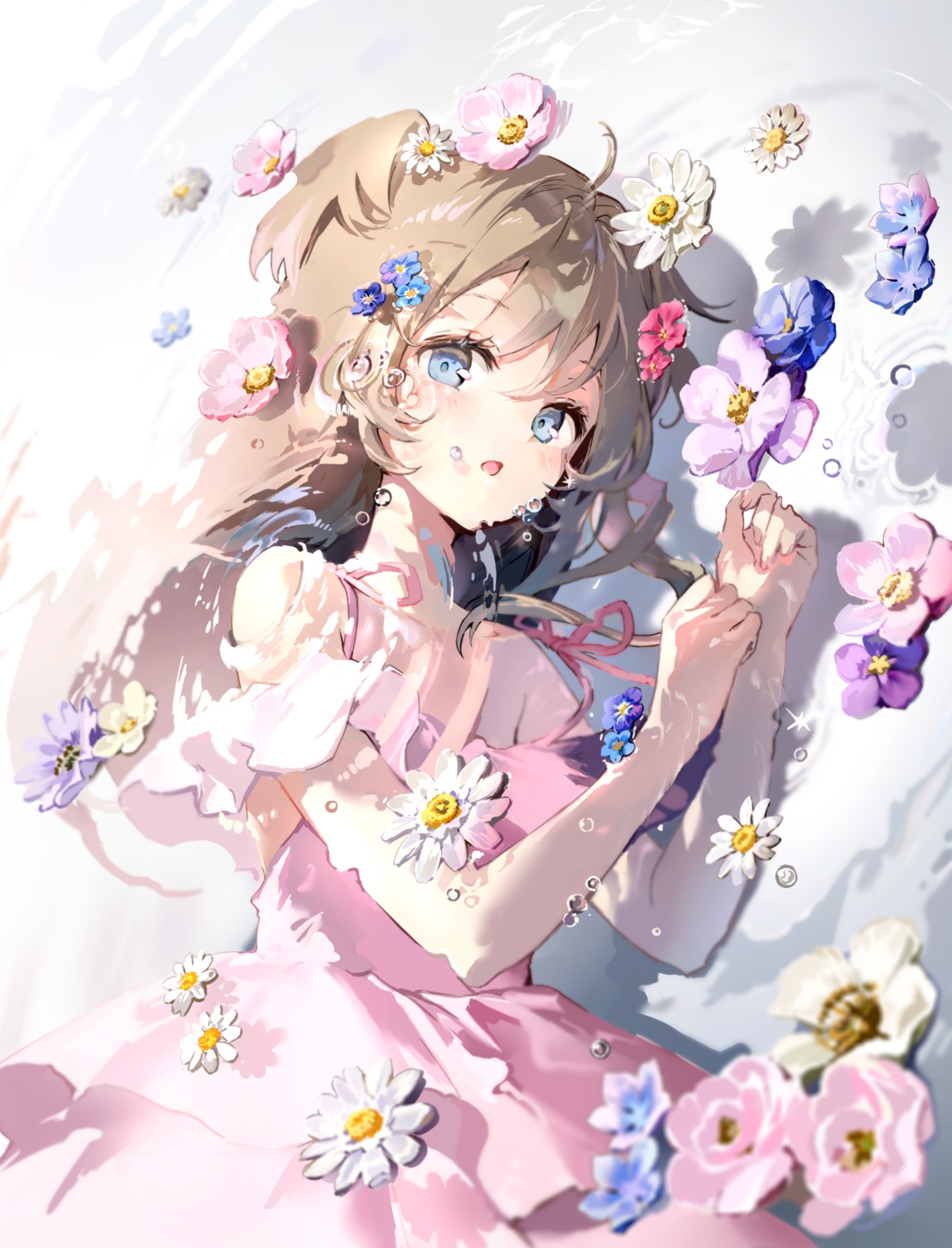Anime girl lying in water with flowers HD Phone Wallpaper