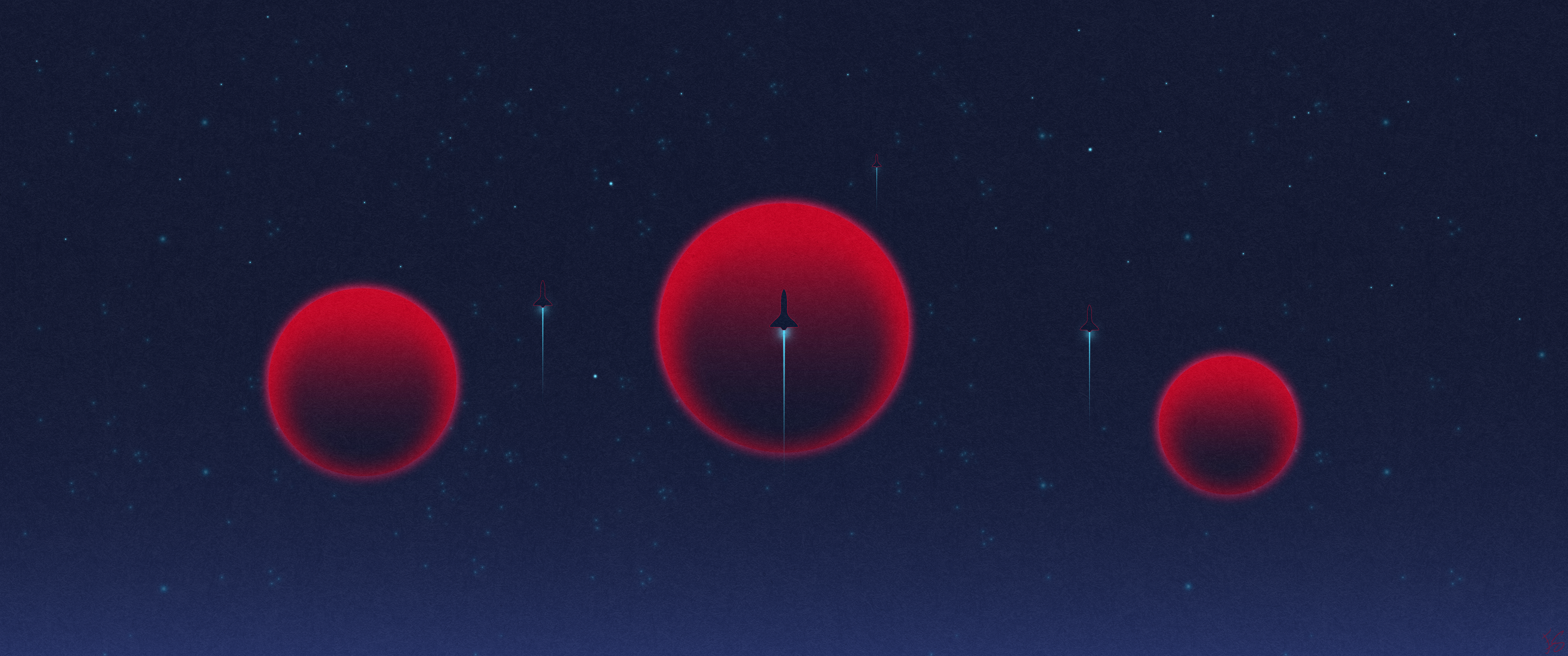 Spaceships flying past red planets in starry space HD Wallpaper