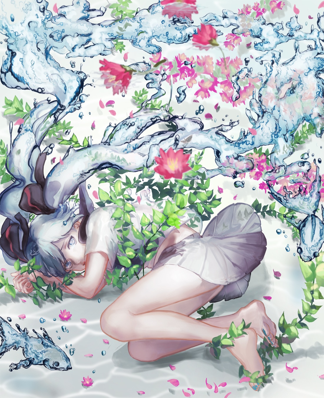 Bottle Miku underwater with flowers and leaves HD Phone Wallpaper