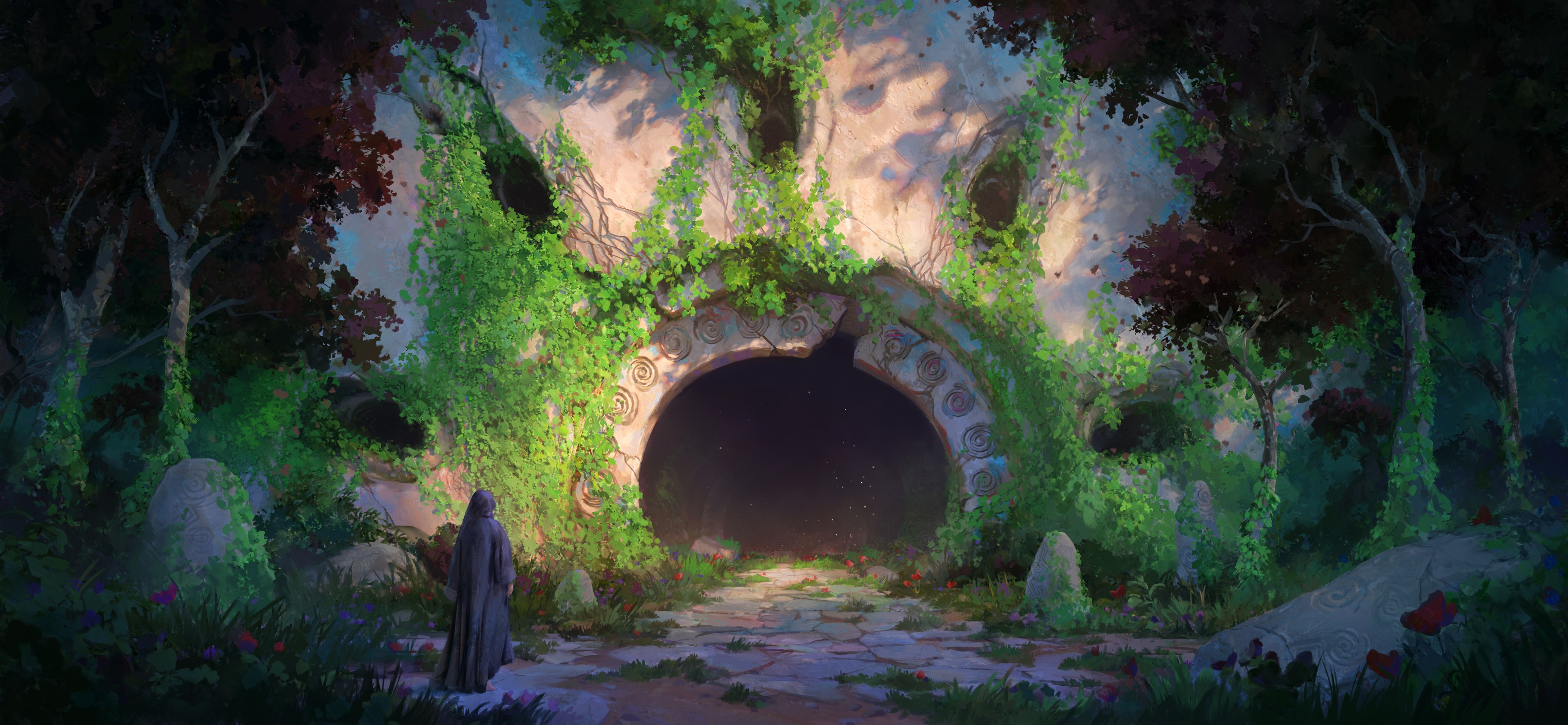 Fantasy art of ancient ruins with a hooded figure HD Wallpaper