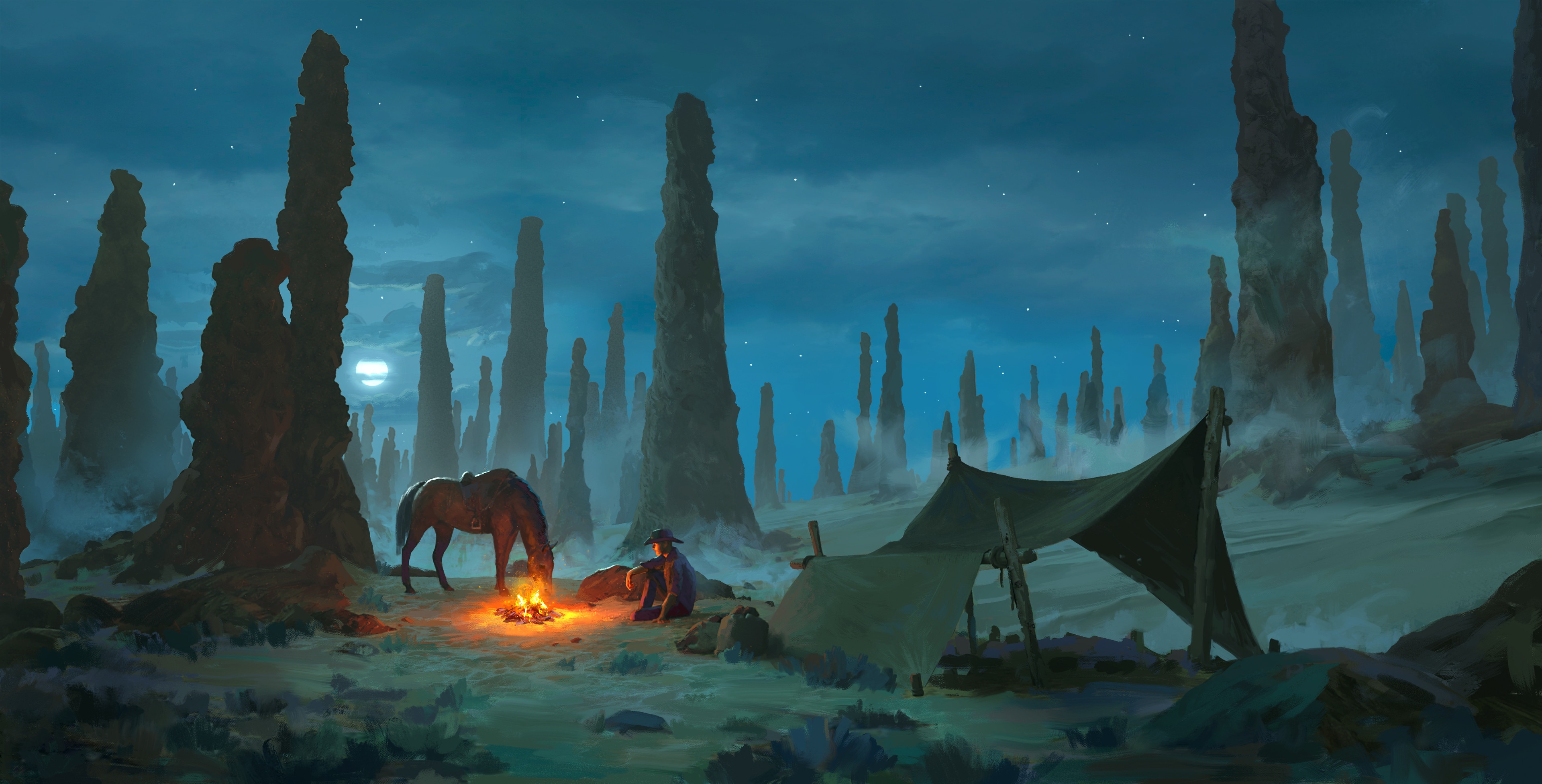Cowboy and horse by bonfire in rock formations at night HD Wallpaper