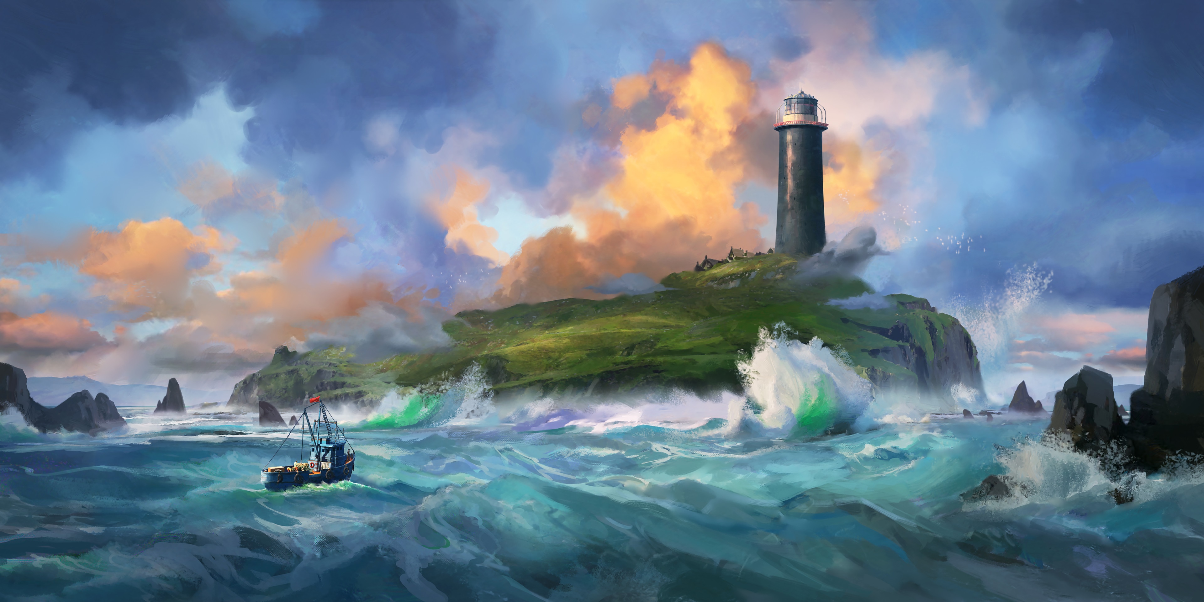 4K Lighthouse on an island with a boat in rough seas HD Wallpaper