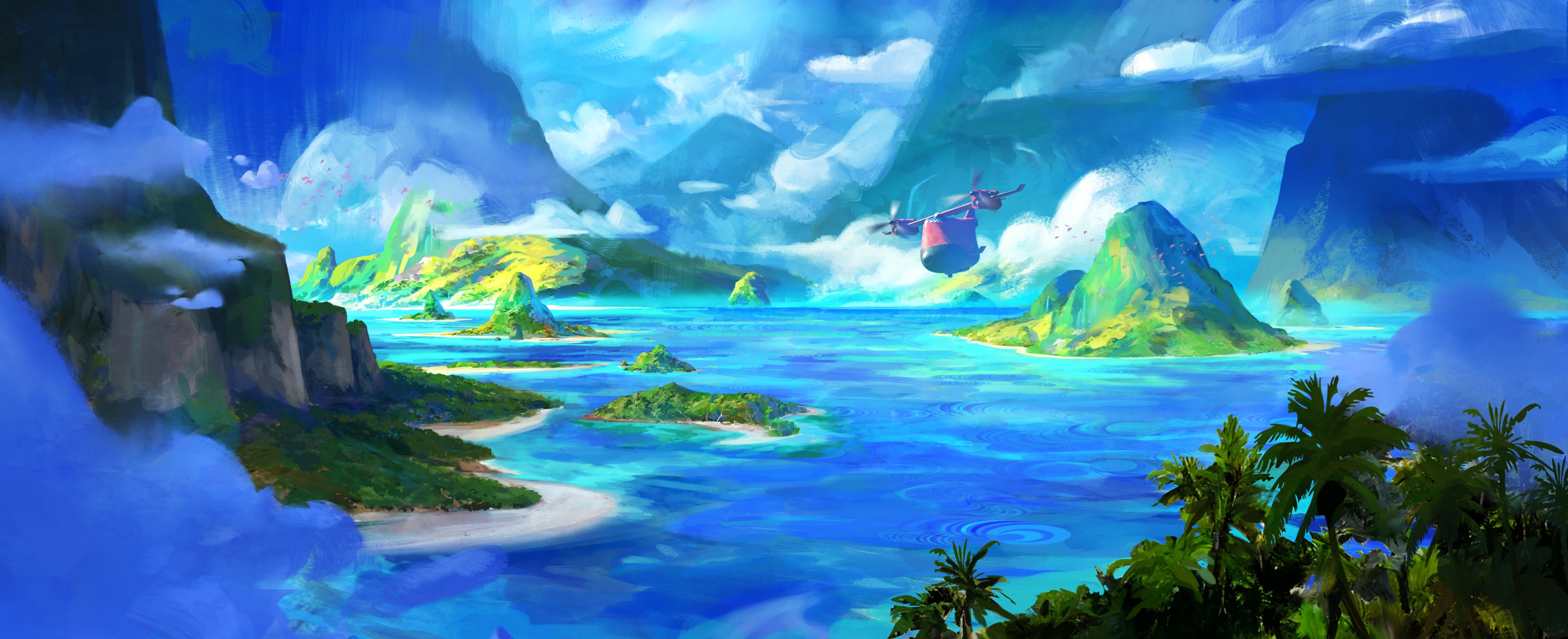 Fantasy island landscape with a flying vehicle HD Wallpaper