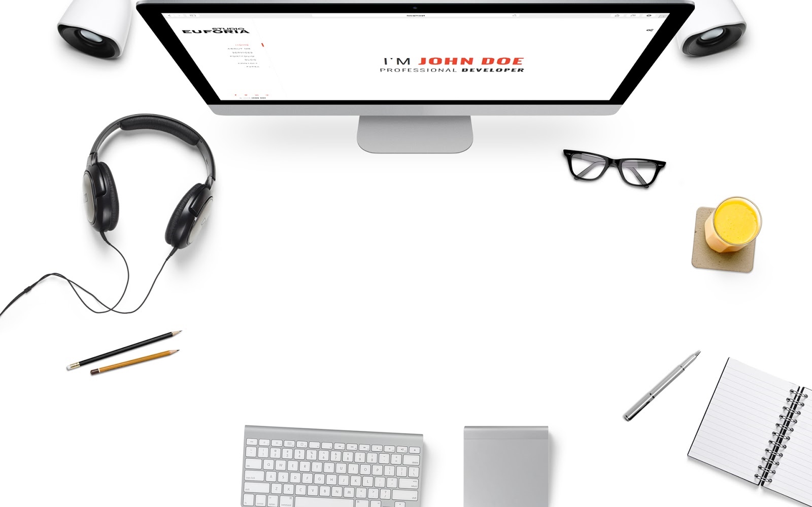 John Doe's professional developer workspace with computer and headphones HD Wallpaper