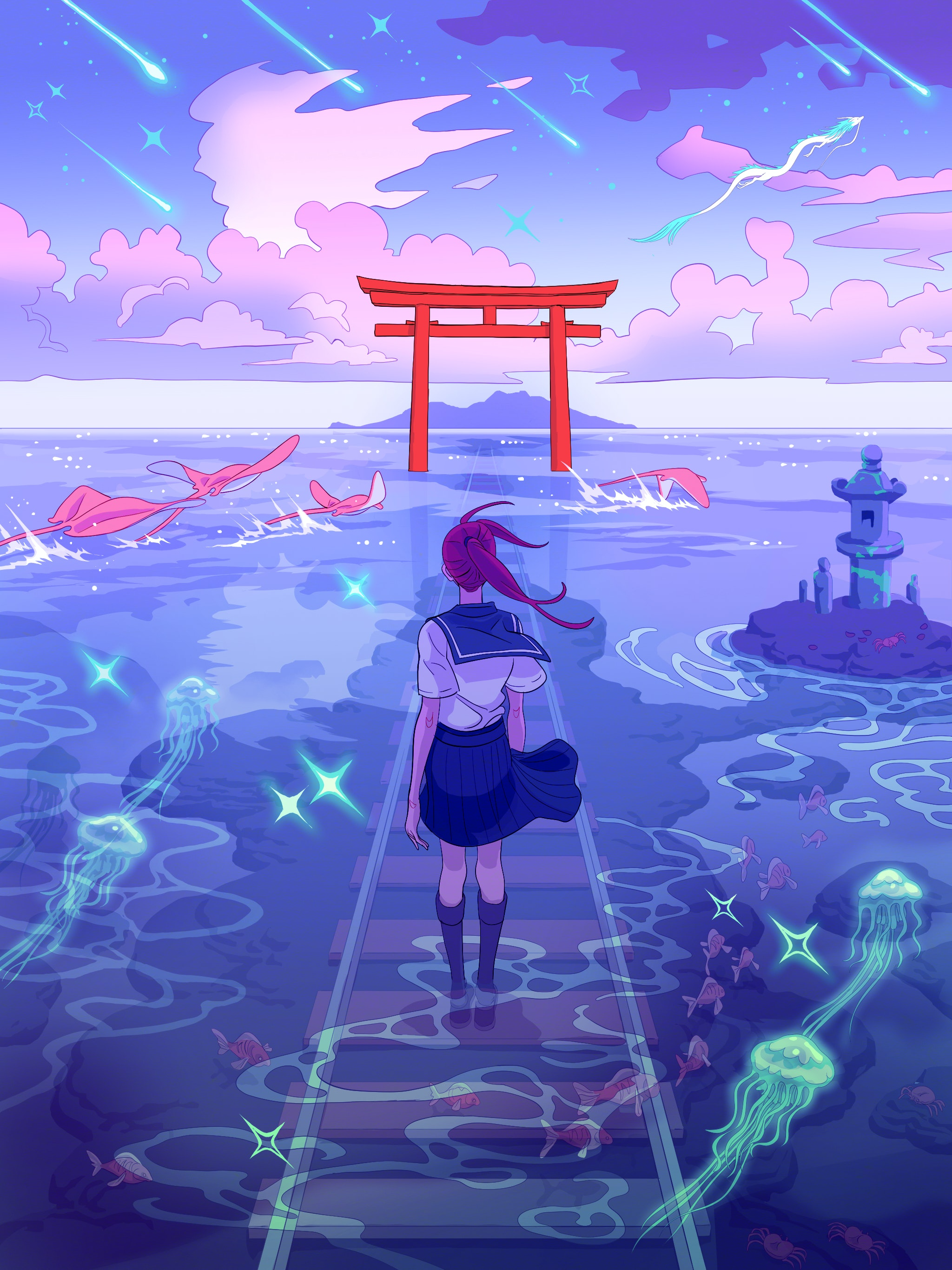 Schoolgirl by a Torii Gate with Jellyfish and Shooting Stars HD Phone Wallpaper